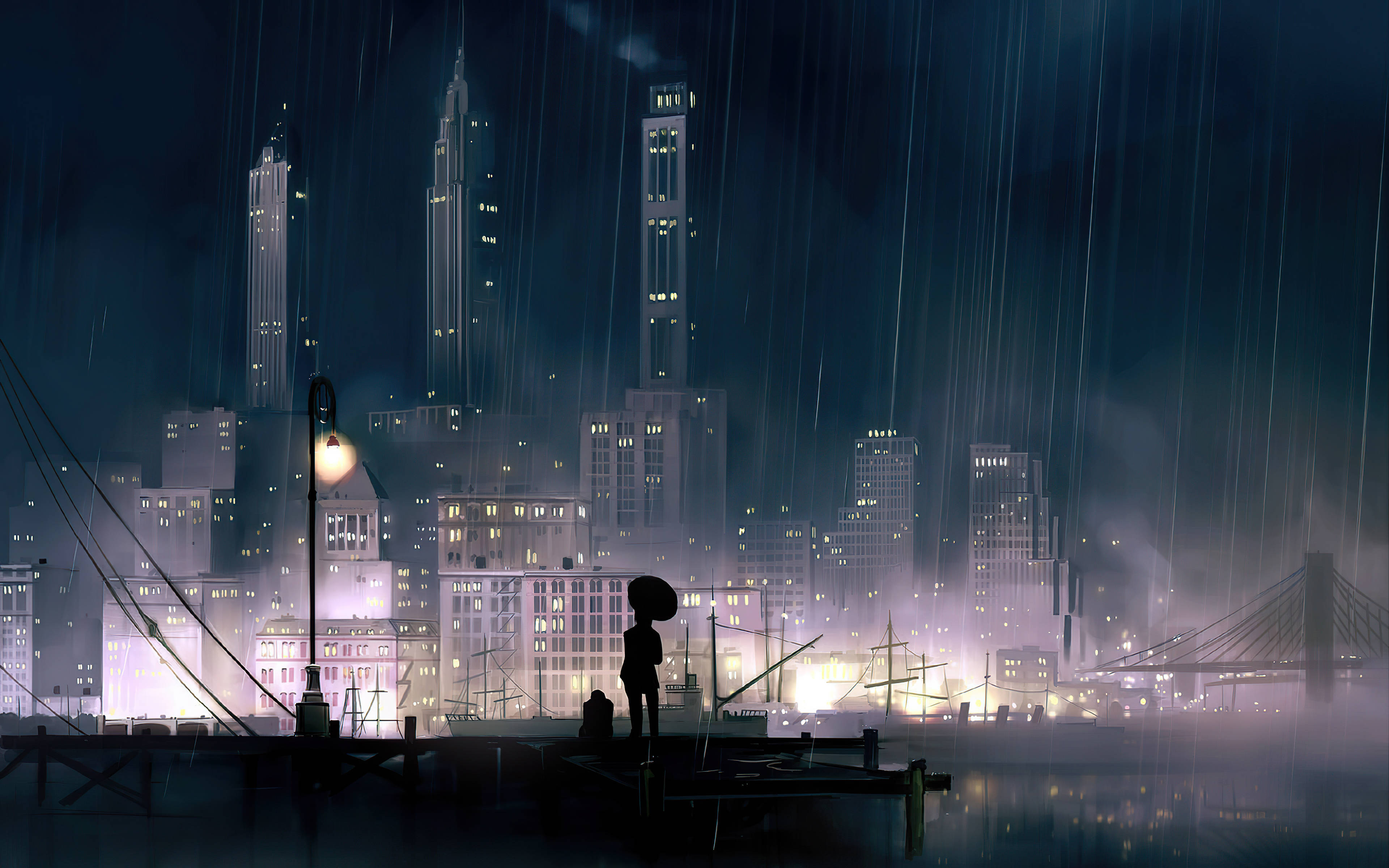 rain-slicked pier, glowing city skyline, towering skyscrapers, 4K Desktop Wallpaper