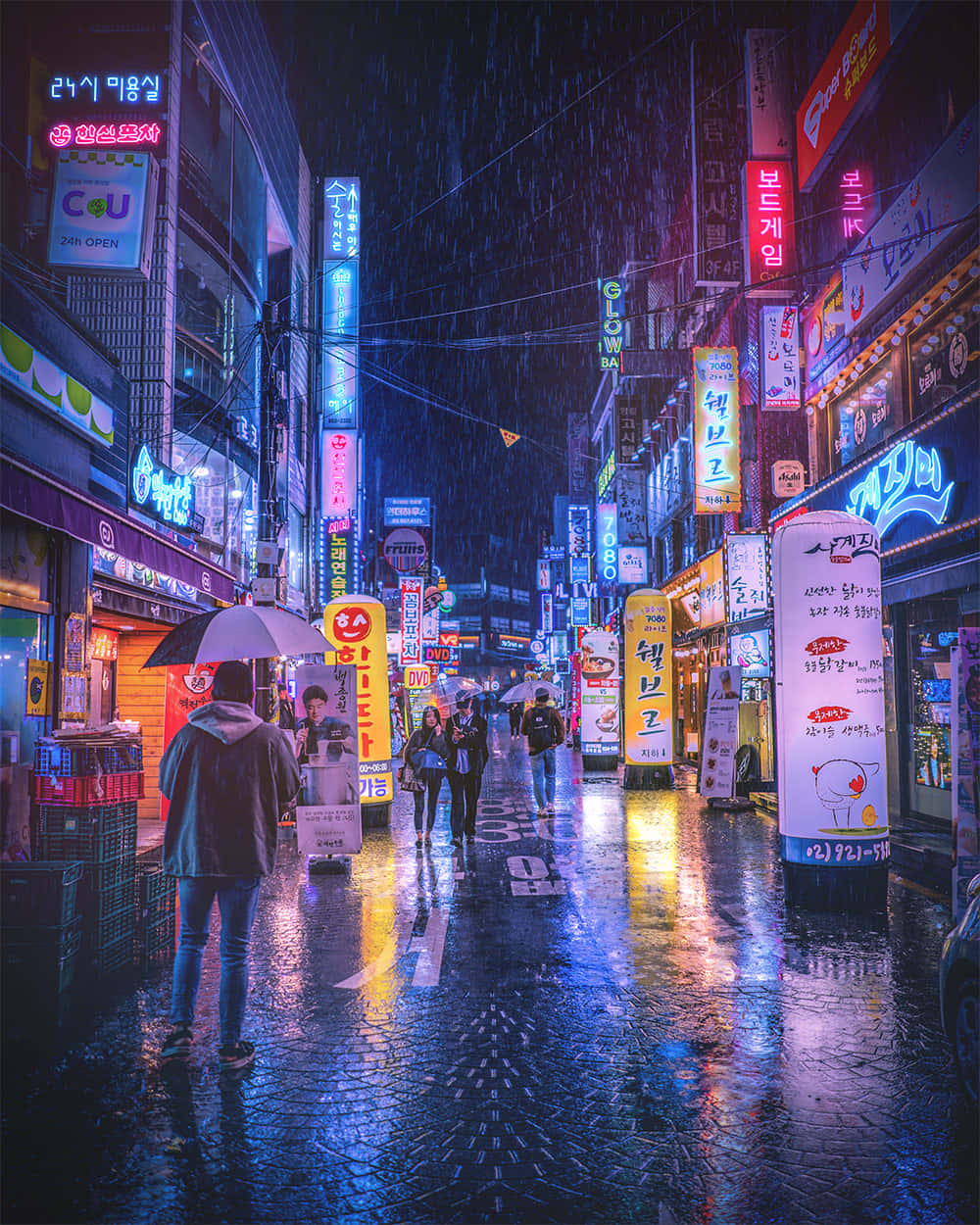neon-lit alleyway, rain-slicked pavement, glowing Korean signs, SD Phone Wallpaper