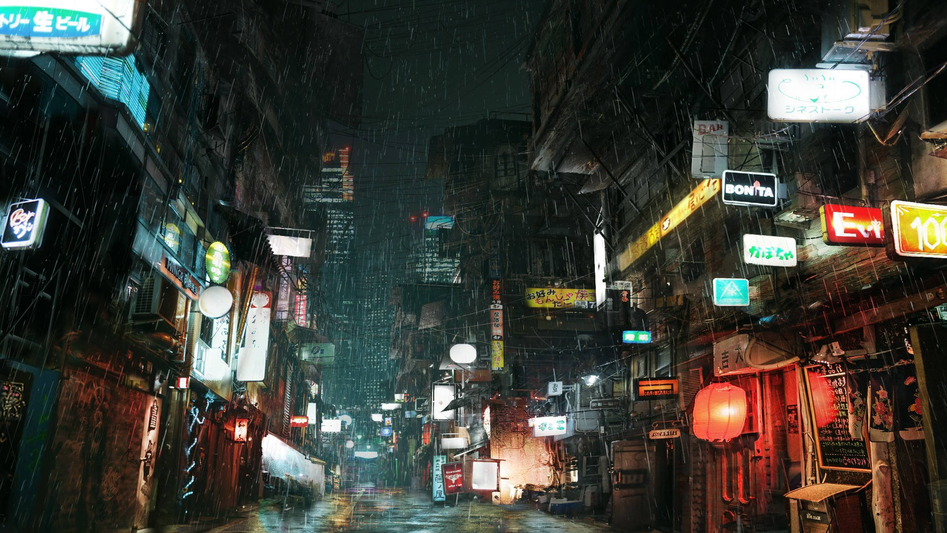 neon-lit alleyway, cyberpunk city, night, Full HD Desktop Wallpaper