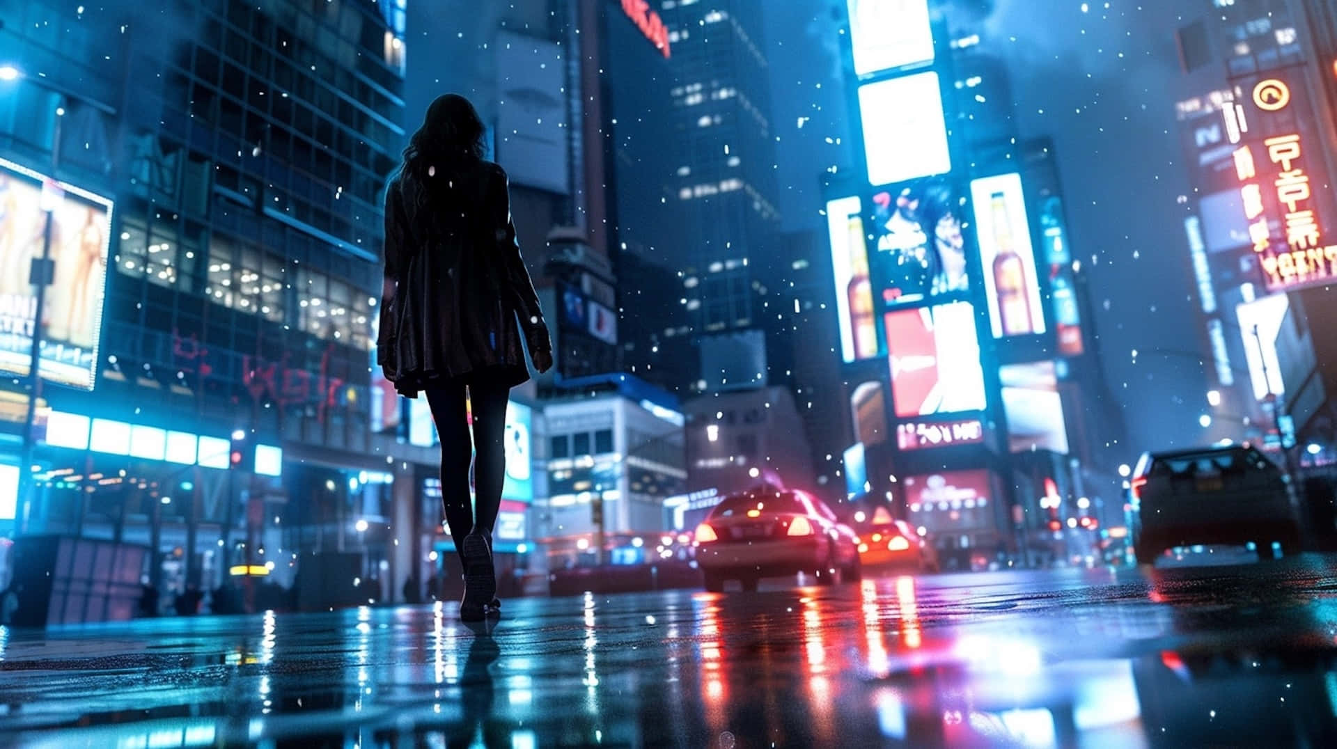 downtown, rainy city, night, Full HD Desktop Wallpaper