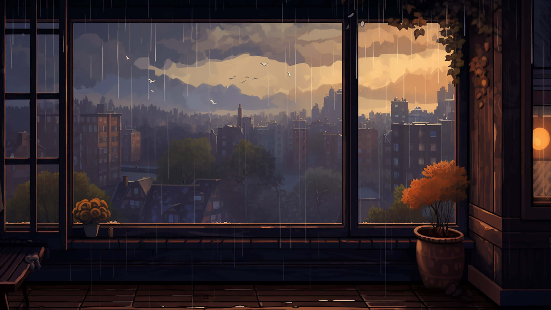 rainy cityscape, wooden balcony window, misty cityscape, Full HD Desktop Wallpaper