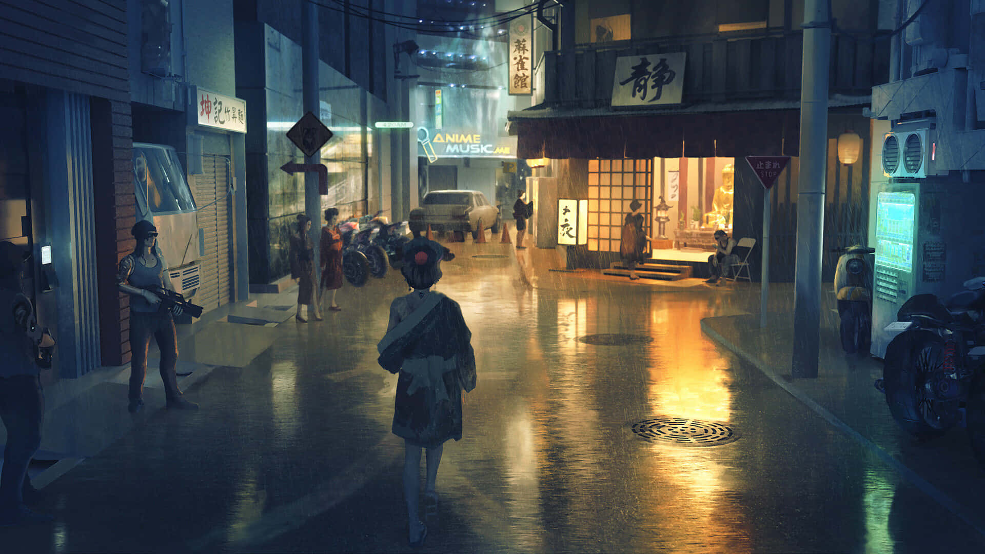 raincoat, neon-lit wet street, glowing signs, Full HD Desktop Wallpaper