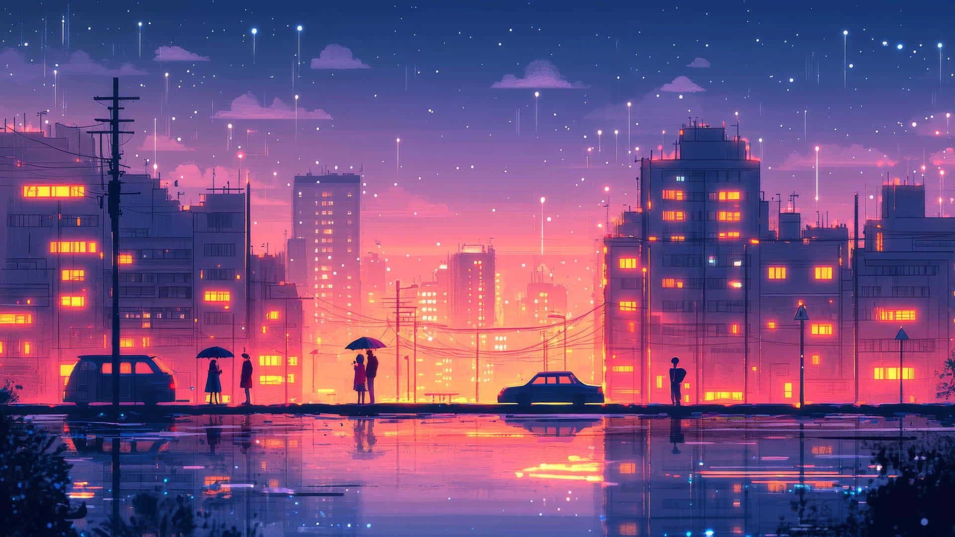 neon rainy cityscape, dusk, glowing windows, Full HD Desktop Wallpaper