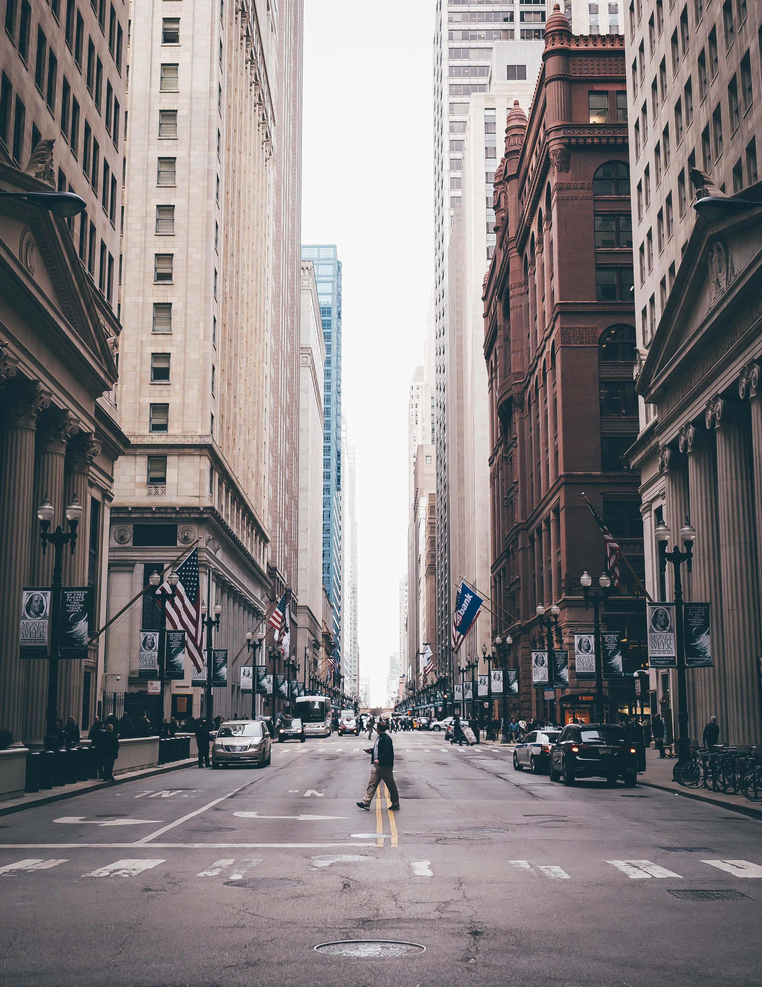 city street, narrow urban street, towering historic and modern buildings, 2K Phone Wallpaper
