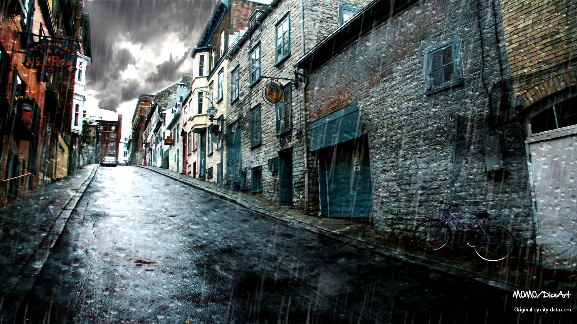City Street, narrow cobblestone street, historic stone buildings, Full HD Desktop Wallpaper