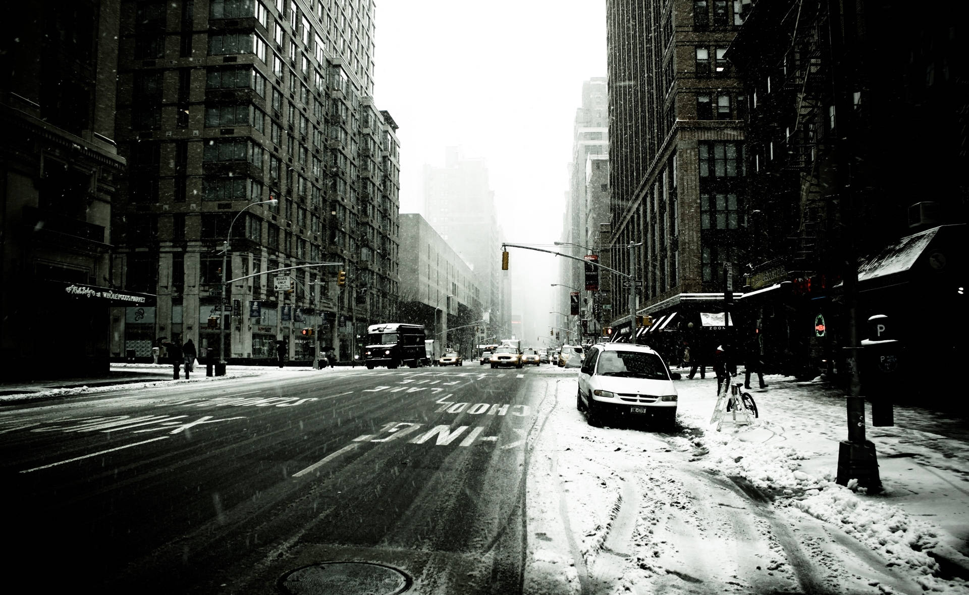 Snowing New York, black and white, urban street, Full HD Desktop Wallpaper