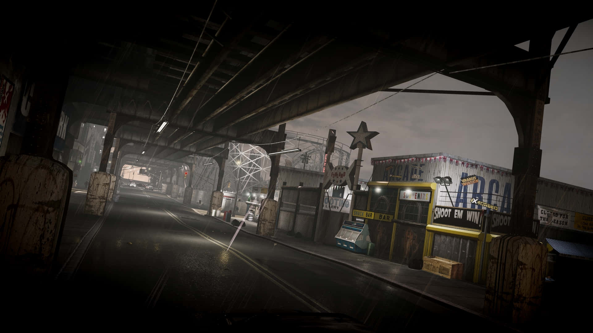 city street, rain-slicked urban street, decaying overpass, Full HD Desktop Wallpaper