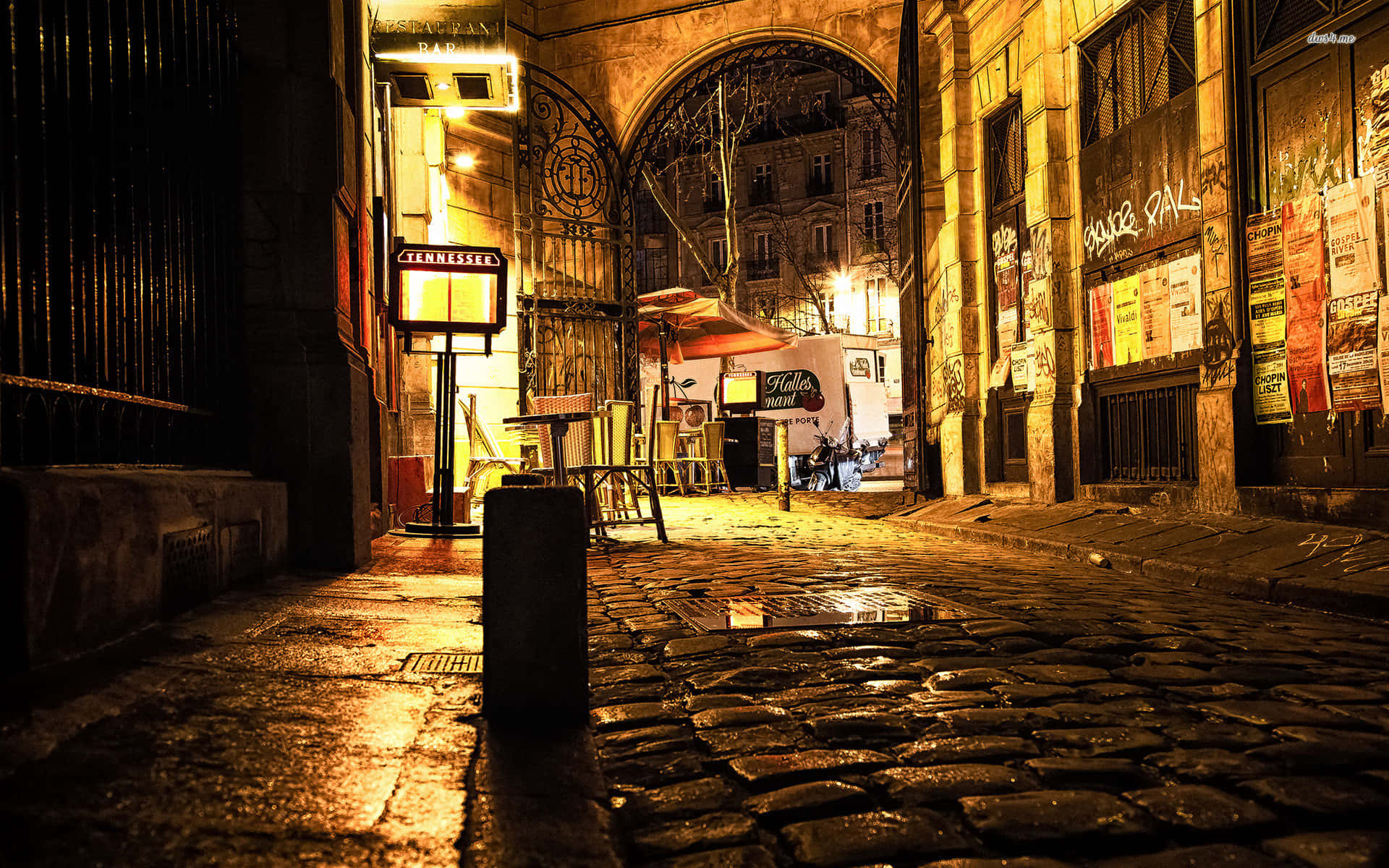 City Street, cobblestone alley, night, Full HD Desktop Wallpaper