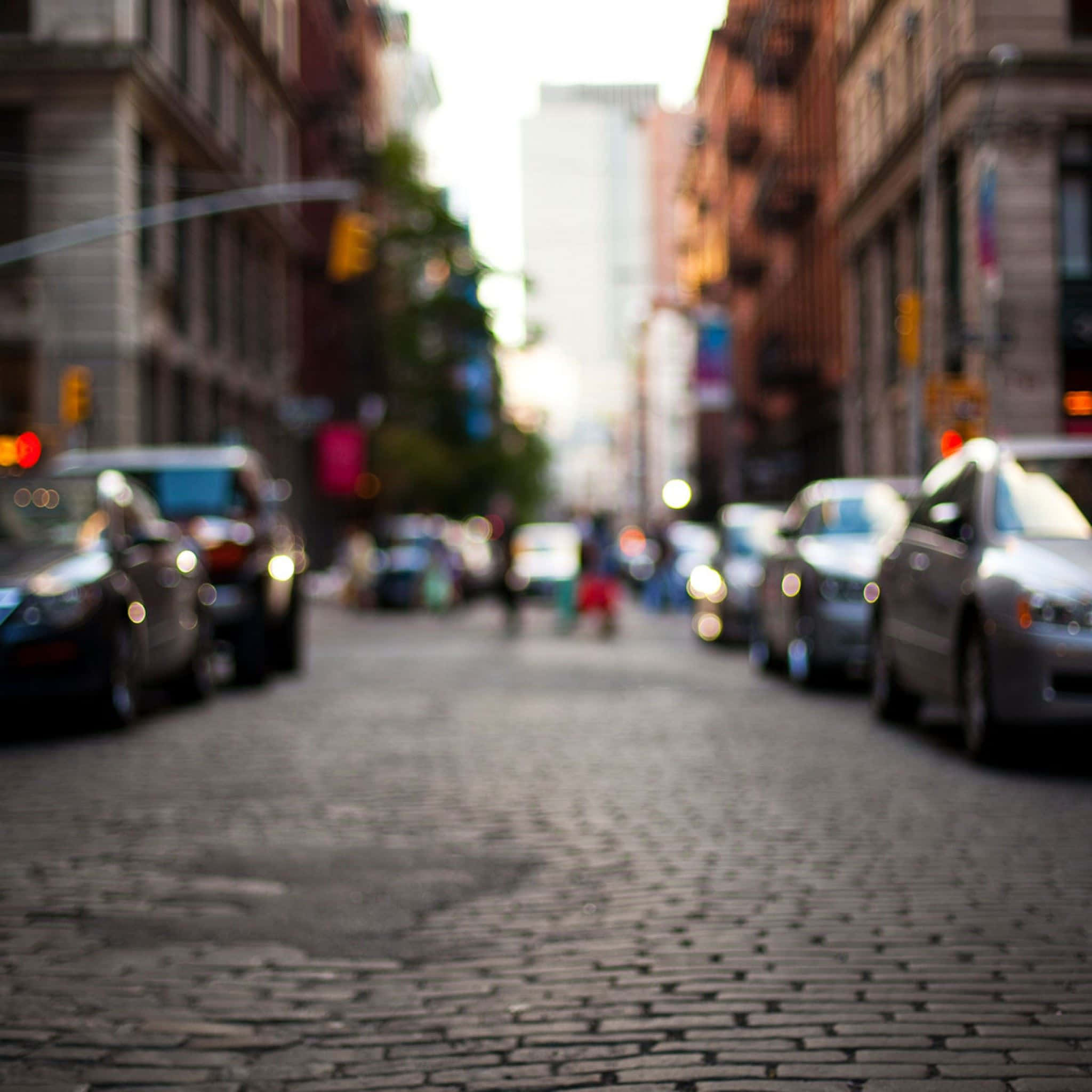 City Street, cobblestone city street, parked cars, Full HD Desktop Wallpaper