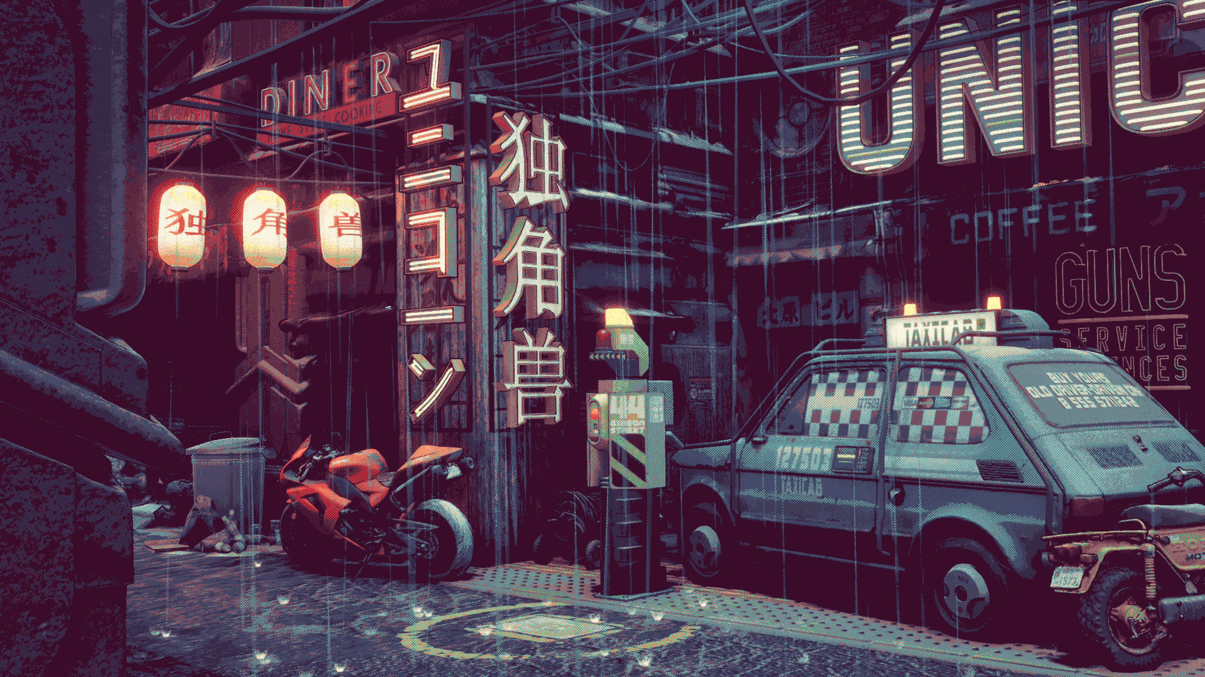 neon-lit alleyway, taxi, motorcycle, 4K Desktop Wallpaper