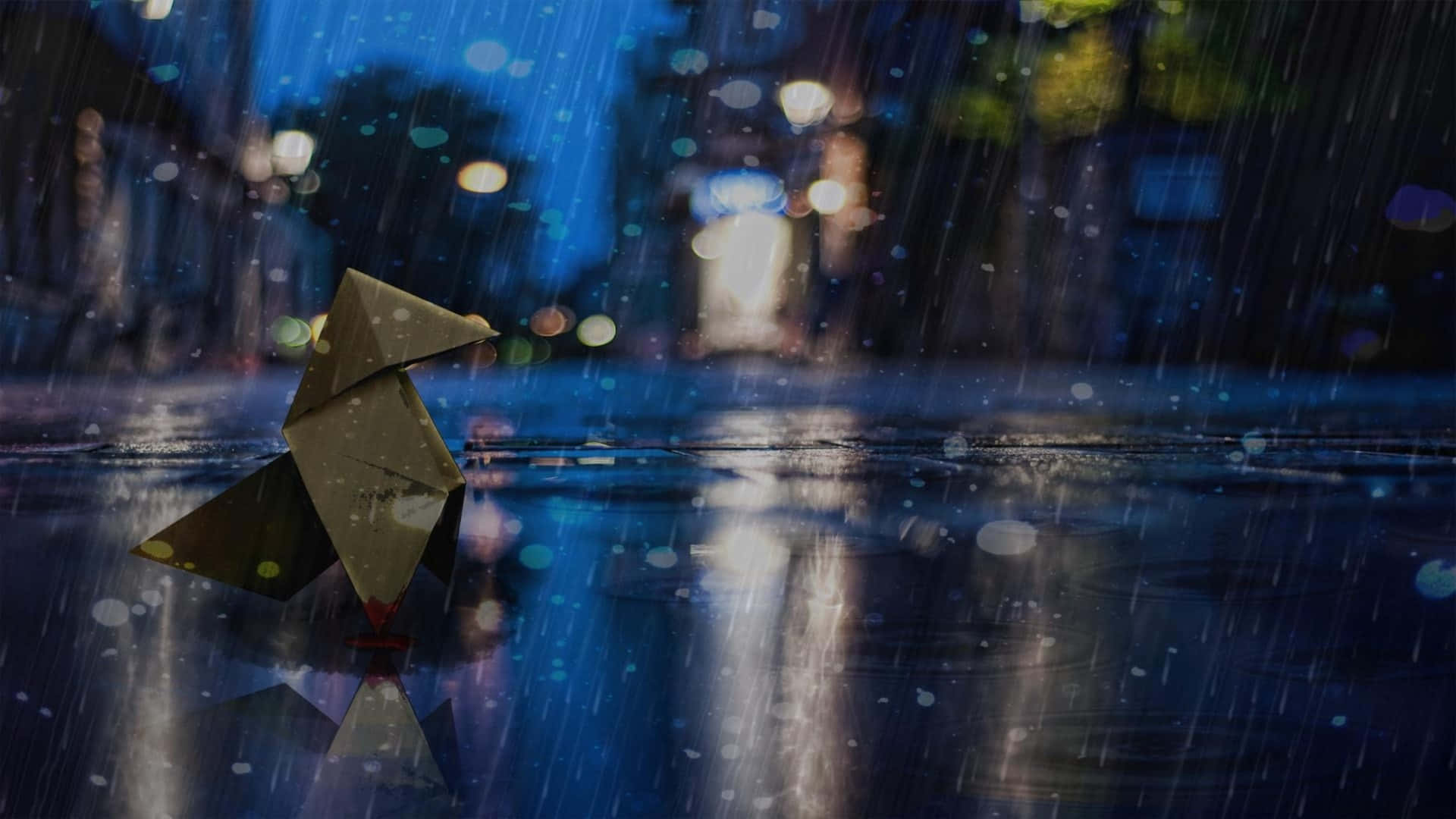 Origami Drenched In Rain 4K, paper crane, wet city street, Full HD Desktop Wallpaper