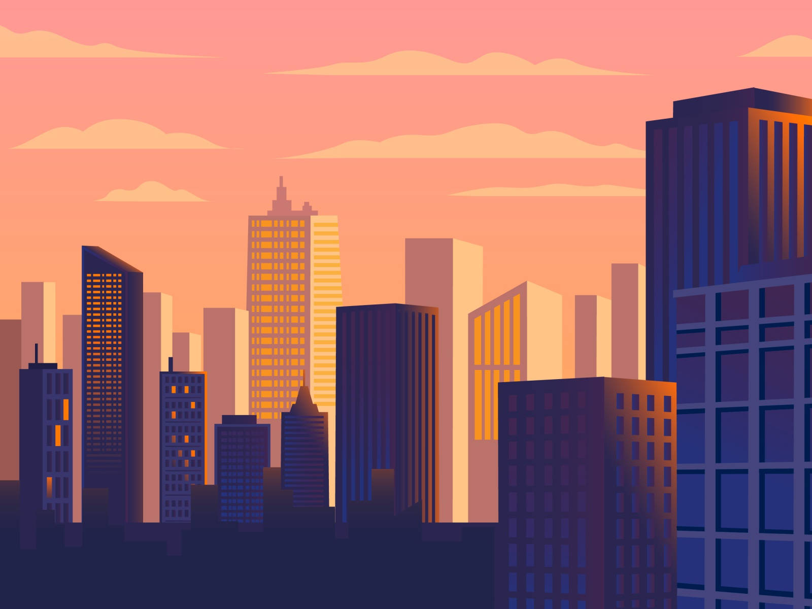 city skyline, sunset, orange hues, HD Desktop Wallpaper