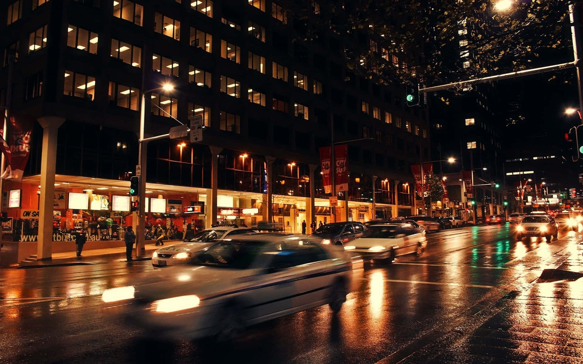 City Street, night, wet pavement, Full HD Desktop Wallpaper