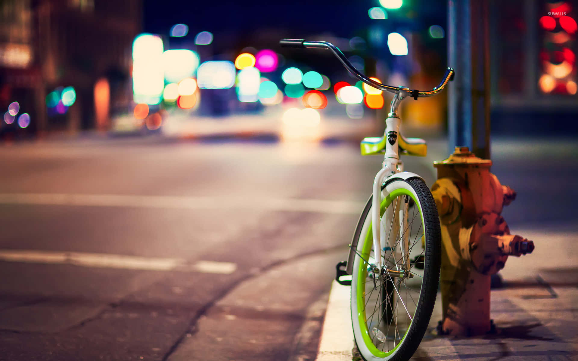 city street, white bicycle, neon green wheels, Full HD Desktop Wallpaper