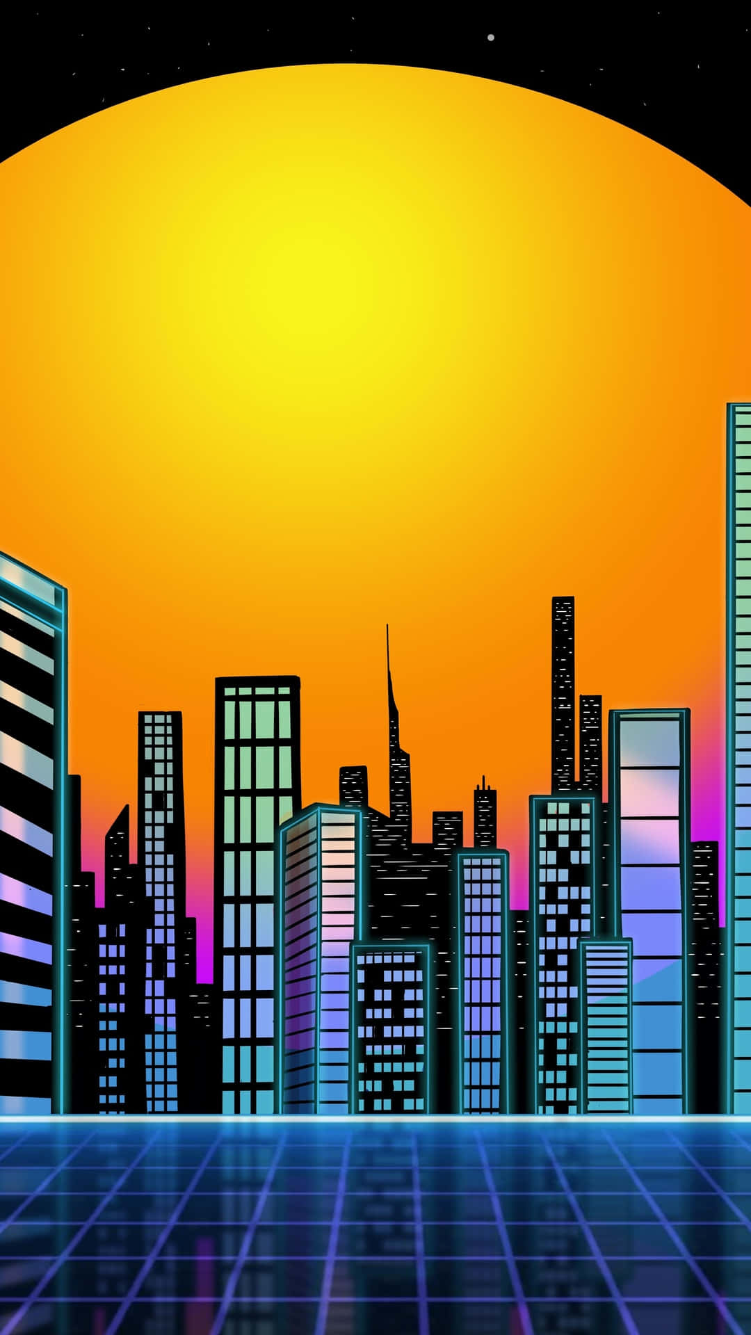 City Sunset iPhone, retro-futuristic city skyline, glowing neon buildings, Full HD Phone Wallpaper