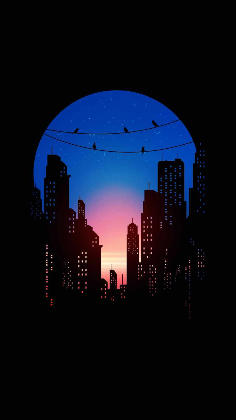City skyline, starry twilight sky, birds perched on wires, HD Phone Wallpaper