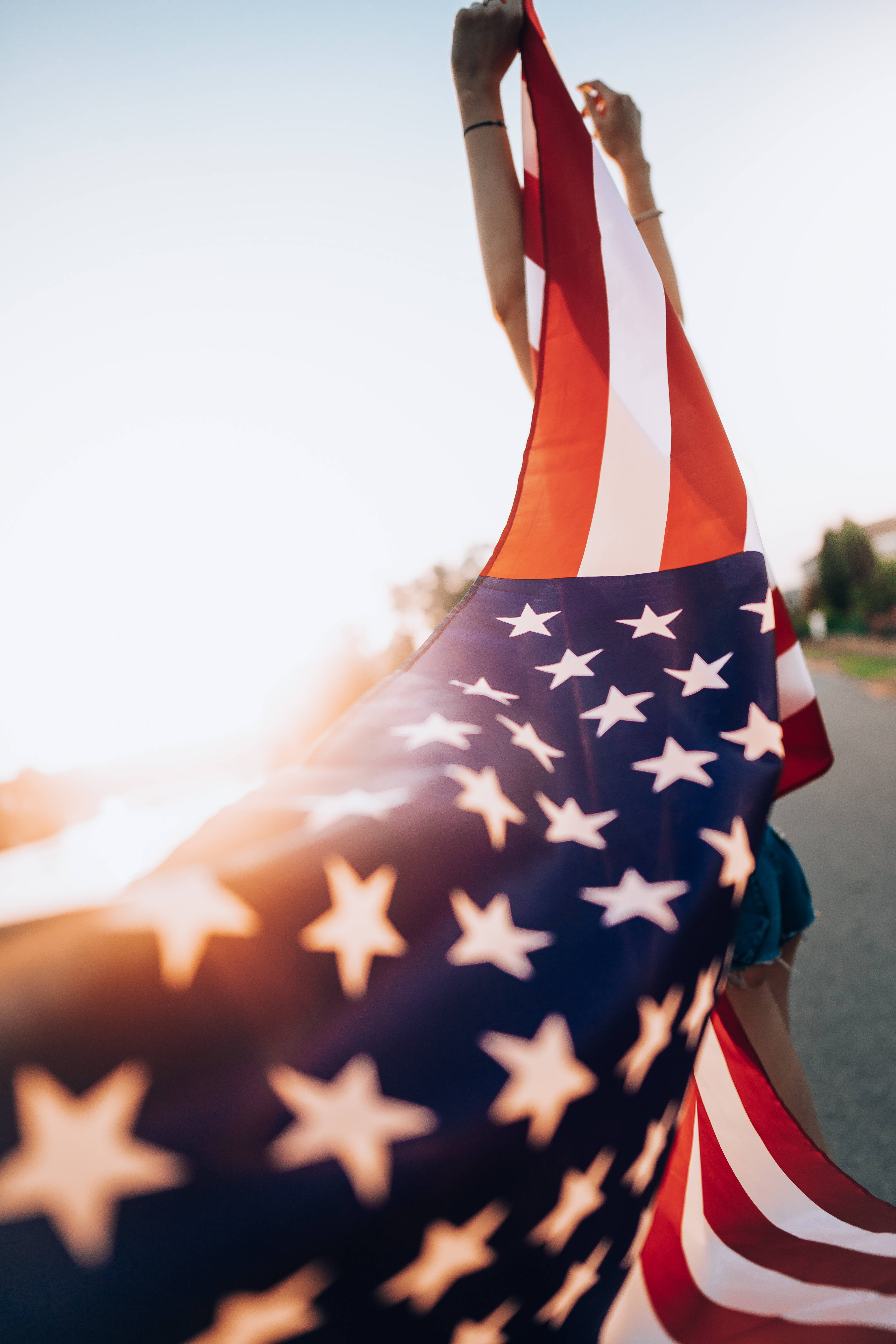 iPhone, sunset, American flag, 5K Phone Wallpaper