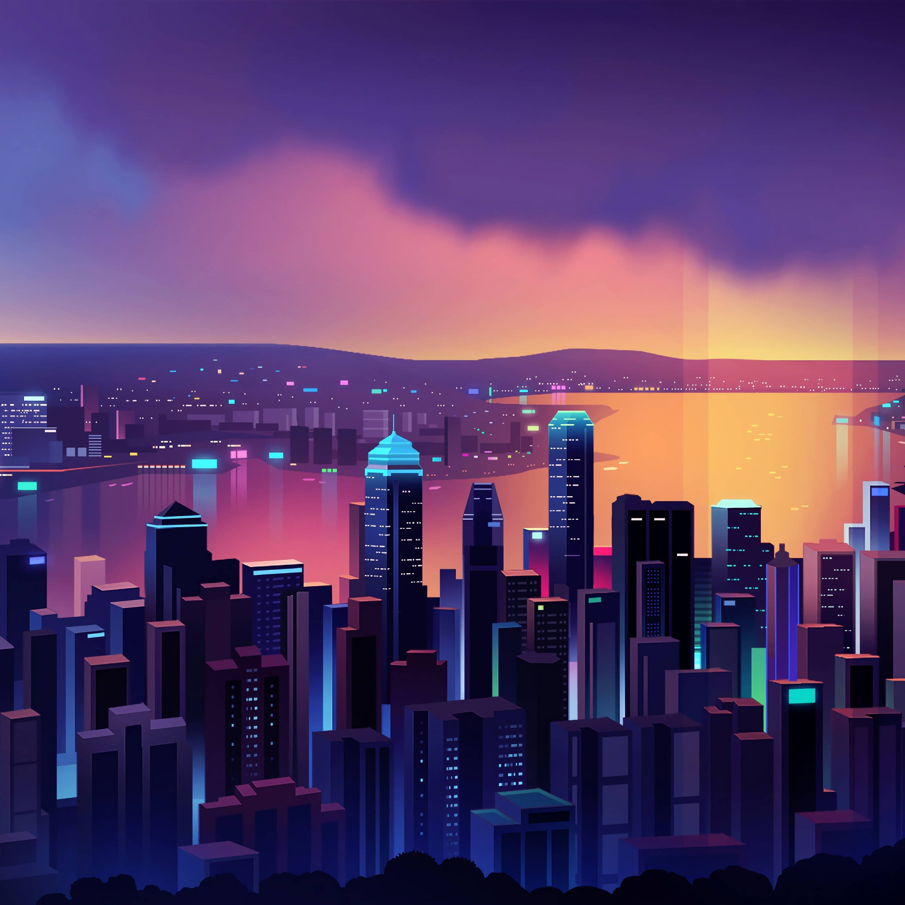 iPad Pro 12.9, neon cityscape, dusk, 2K Desktop Wallpaper