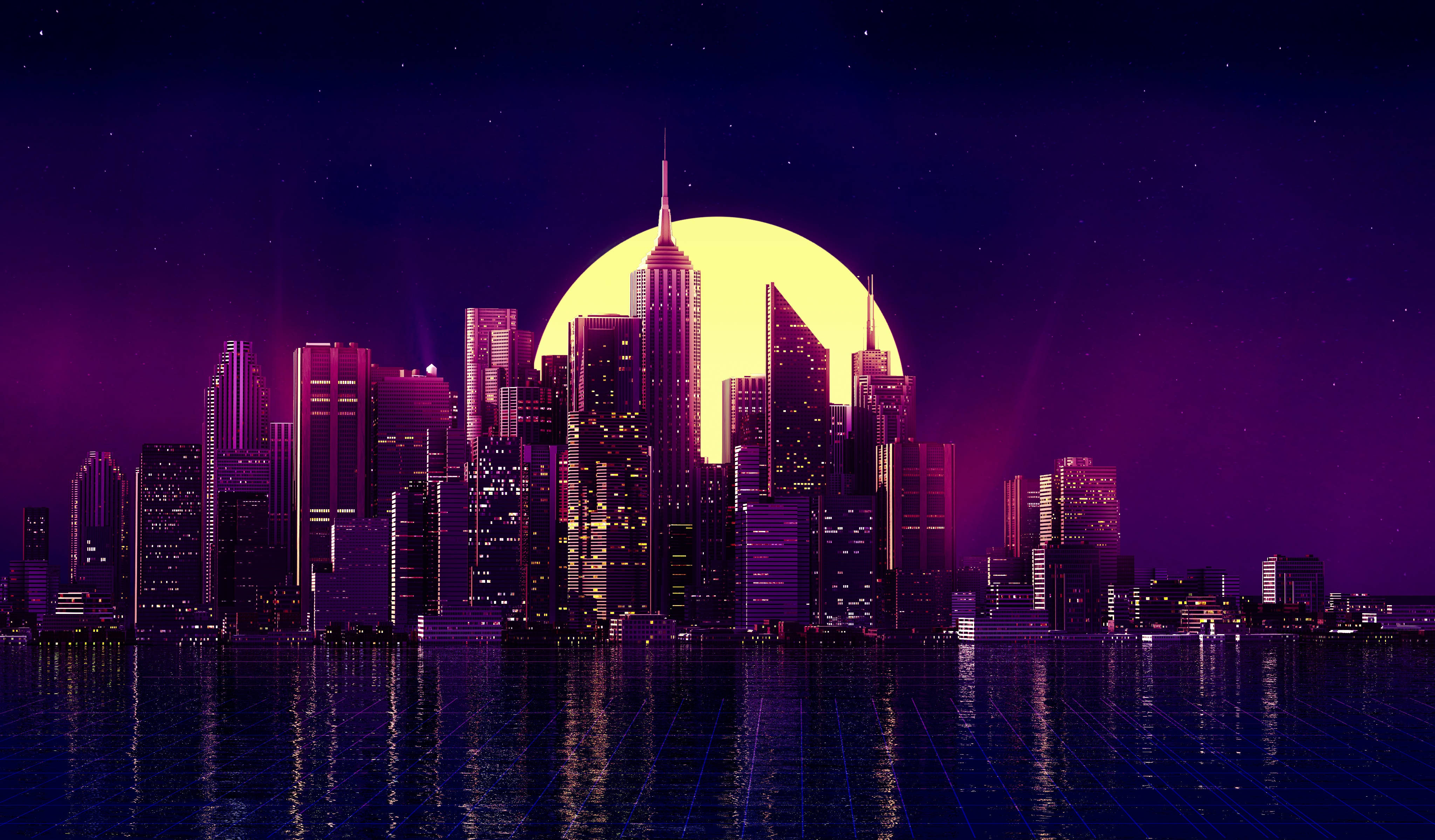neon-drenched city skyline, giant yellow moon, skyscrapers, 4K Desktop Wallpaper