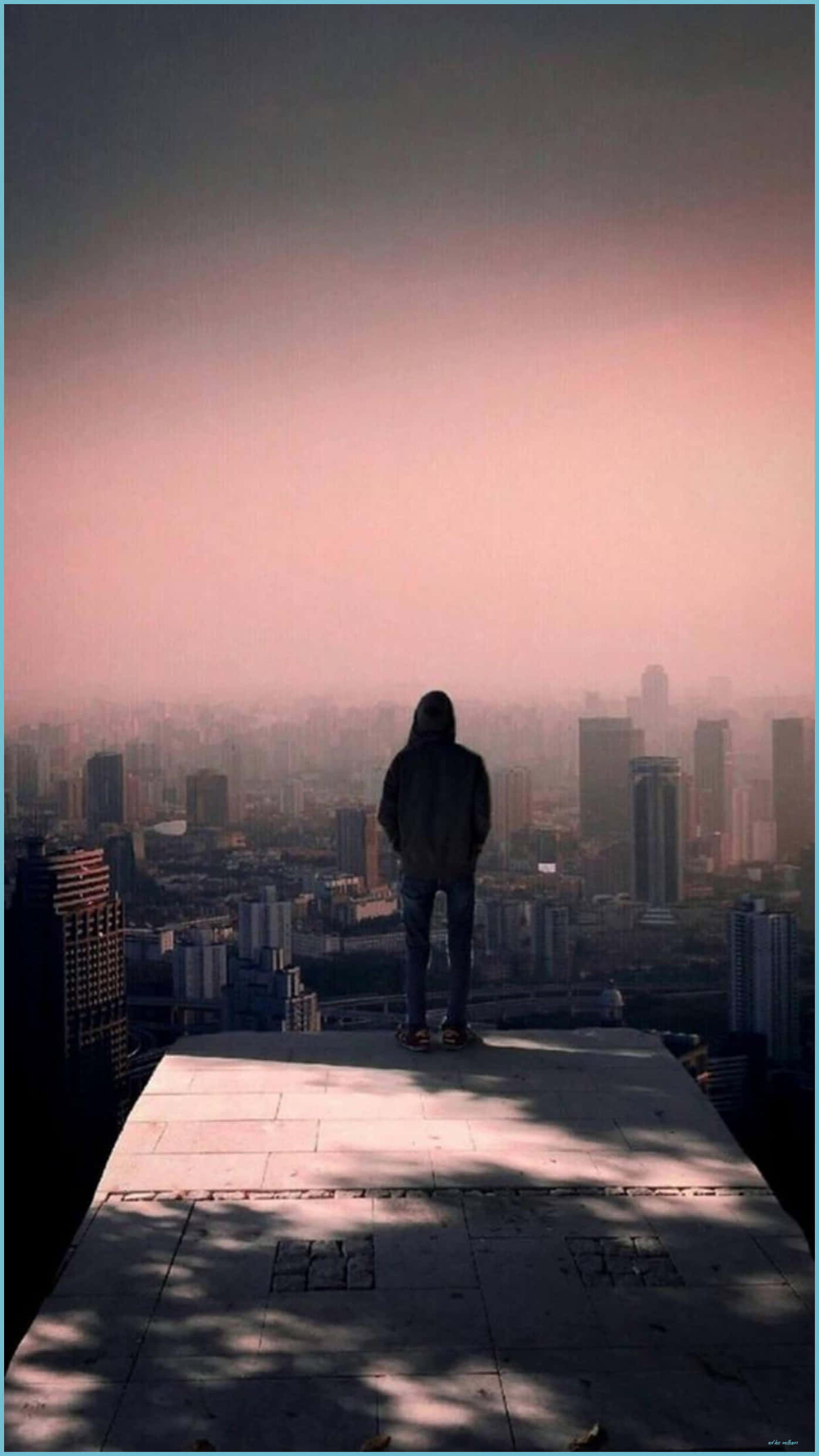 hooded figure, rooftop, hazy cityscape, Full HD Phone Wallpaper