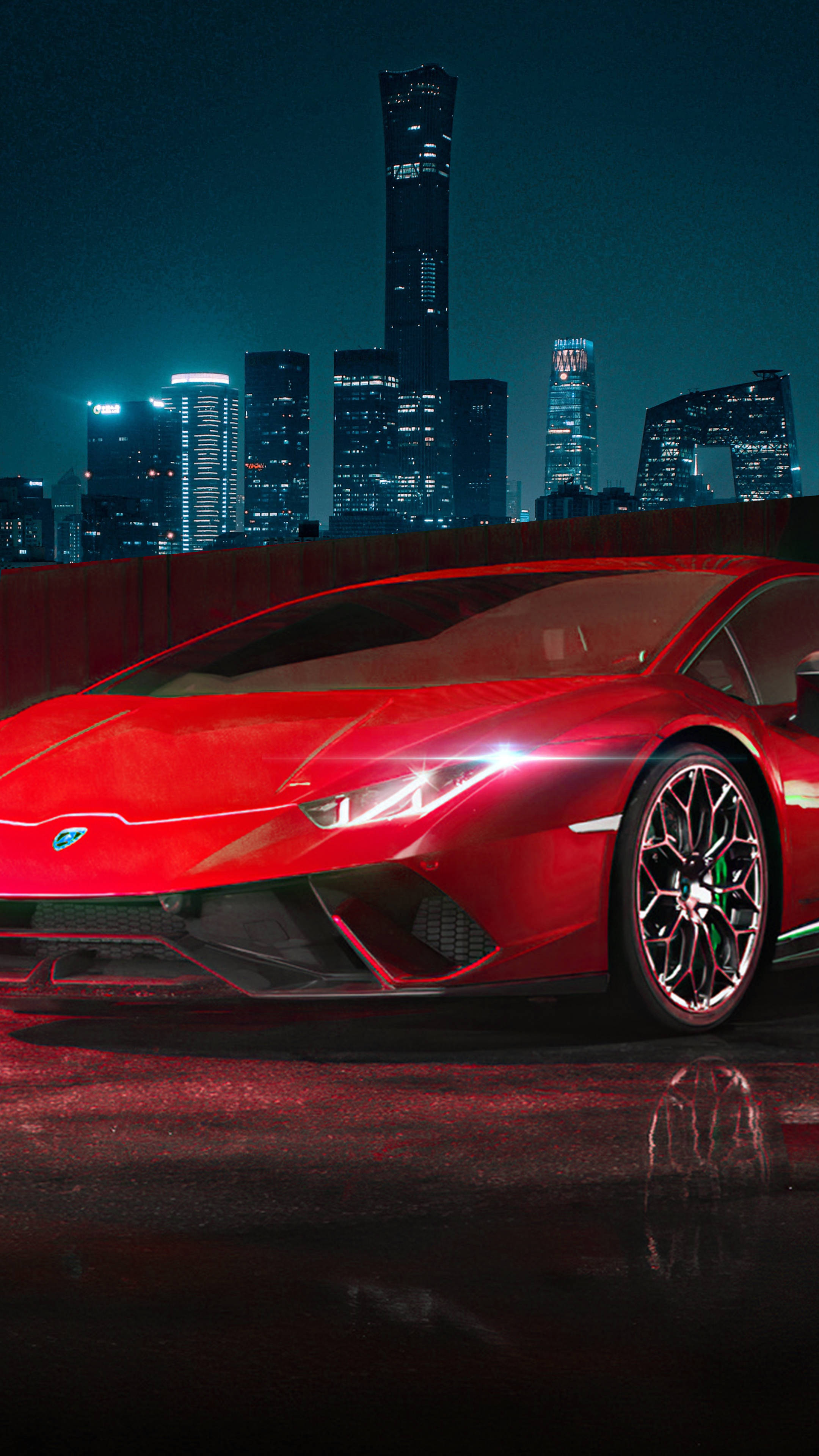 red sports car, neon city lights, towering urban skyline, 4K Phone Wallpaper