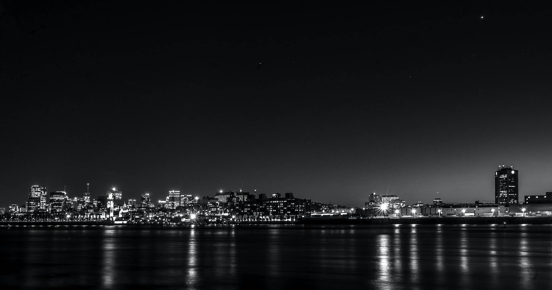 City, black and white night cityscape, glowing skyscrapers, Full HD Desktop Wallpaper