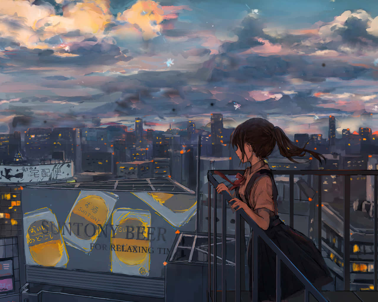 anime girl, cityscape, twilight, HD Desktop Wallpaper