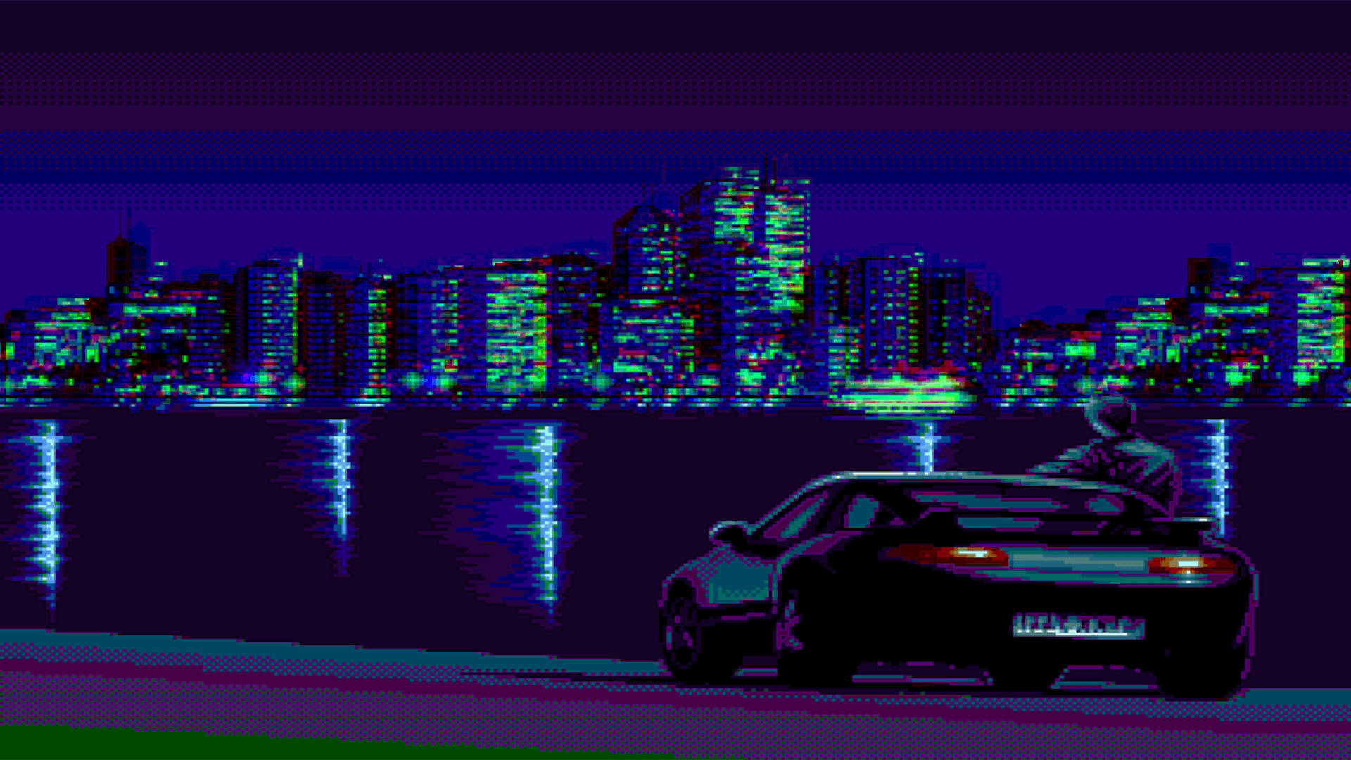 pixelated sports car, waterfront, neon-lit city skyline, Full HD Desktop Wallpaper