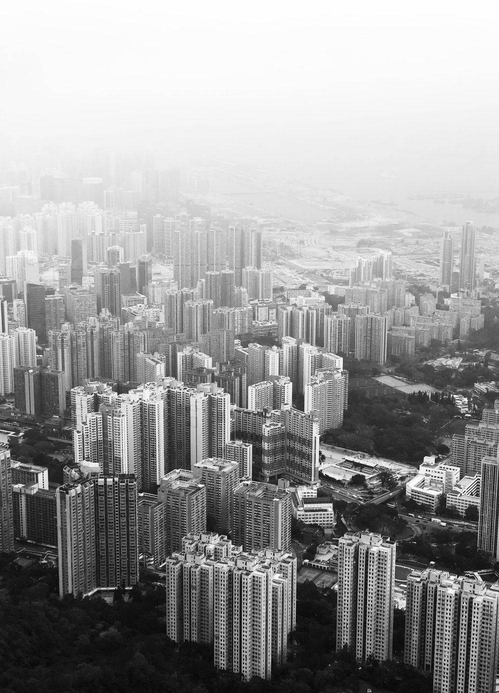 monochrome, aerial view, dense urban skyline, HD Phone Wallpaper