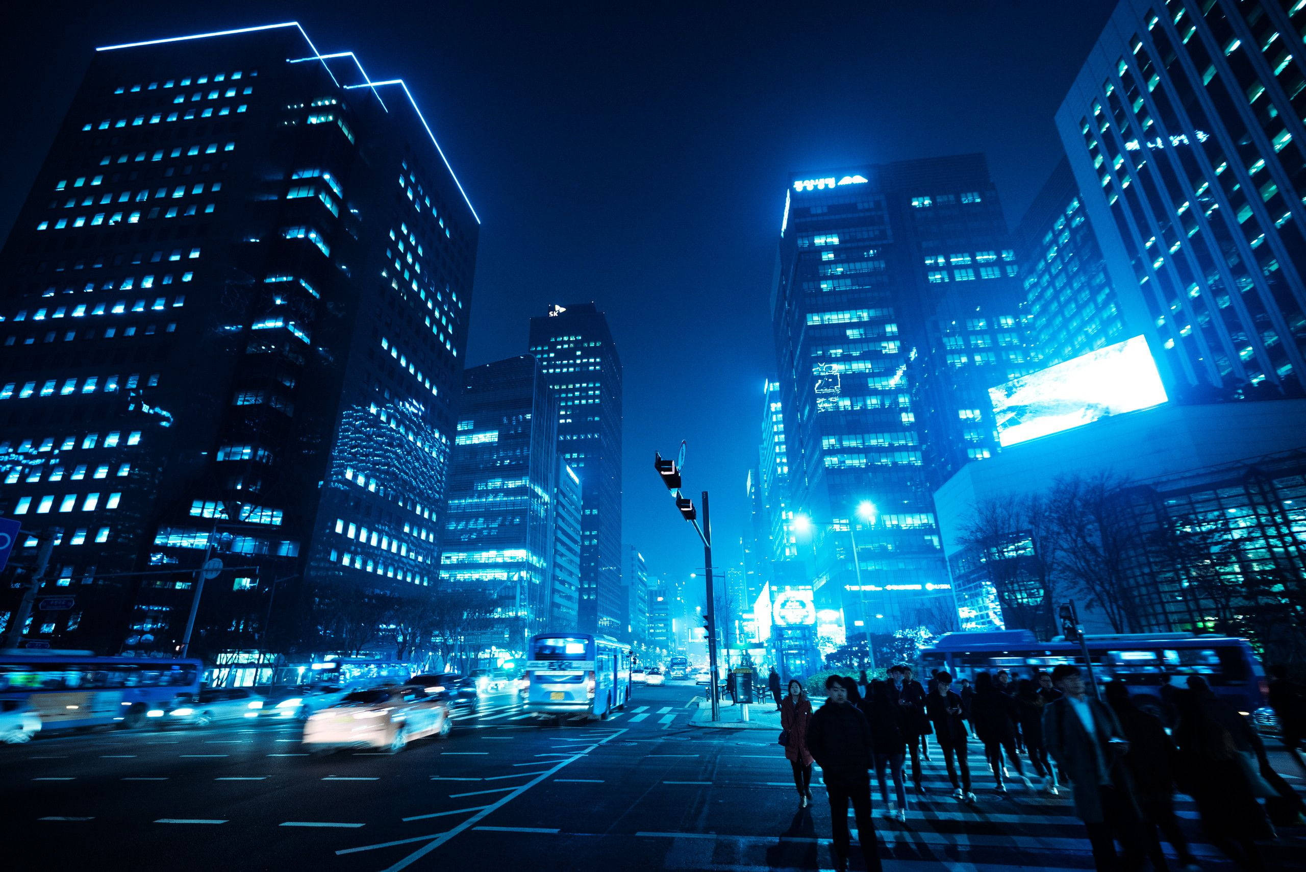 blue neon, city street, night, 2K Desktop Wallpaper