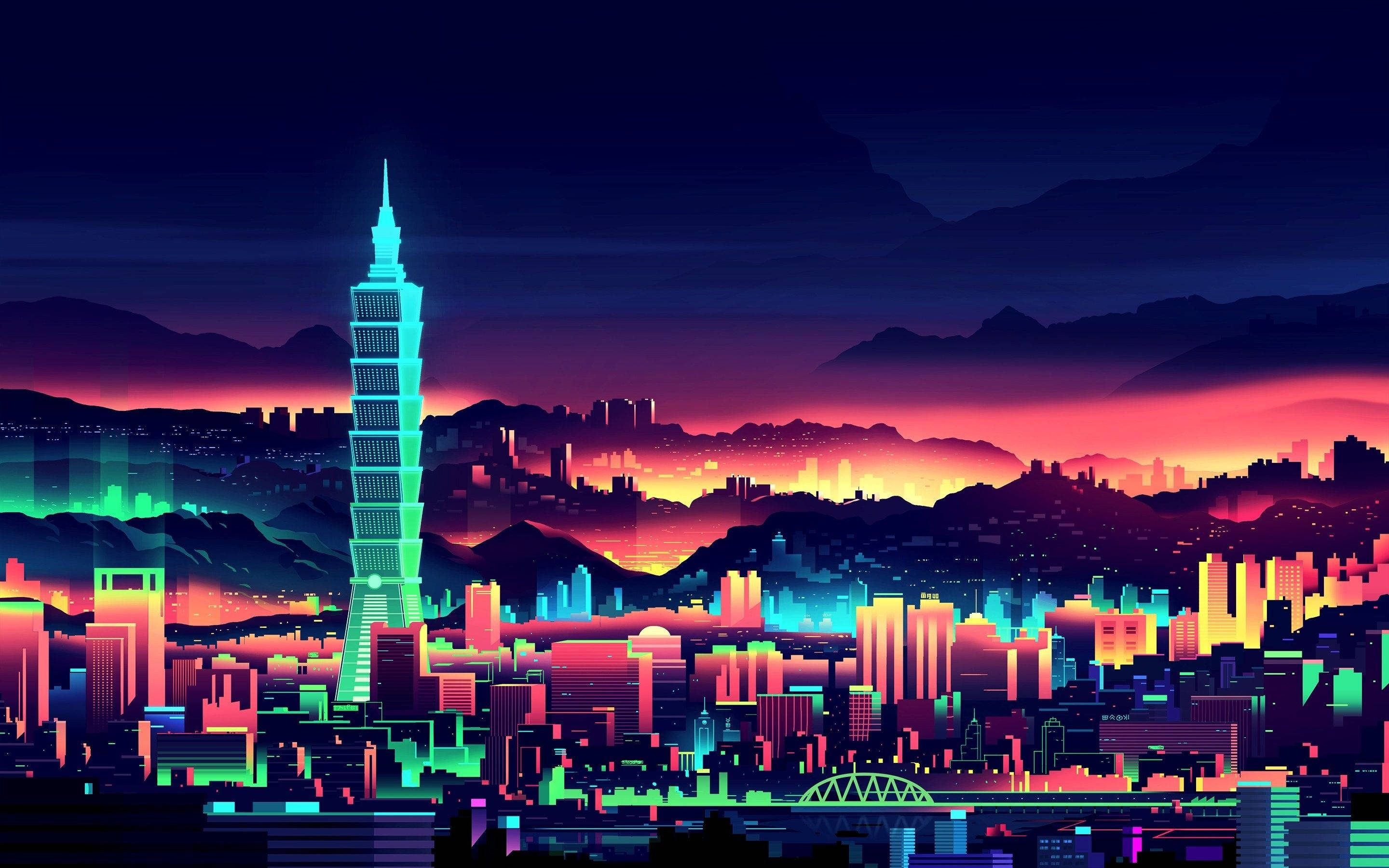 neon-drenched cyberpunk cityscape, dusk, glowing skyscraper, 2K Desktop Wallpaper