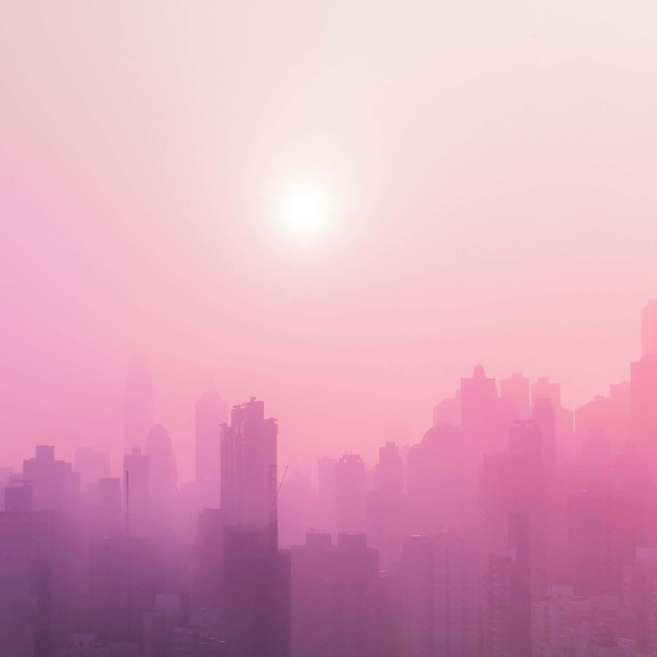 Pink iPad, City Dusk, hazy city skyline, Full HD Desktop Wallpaper