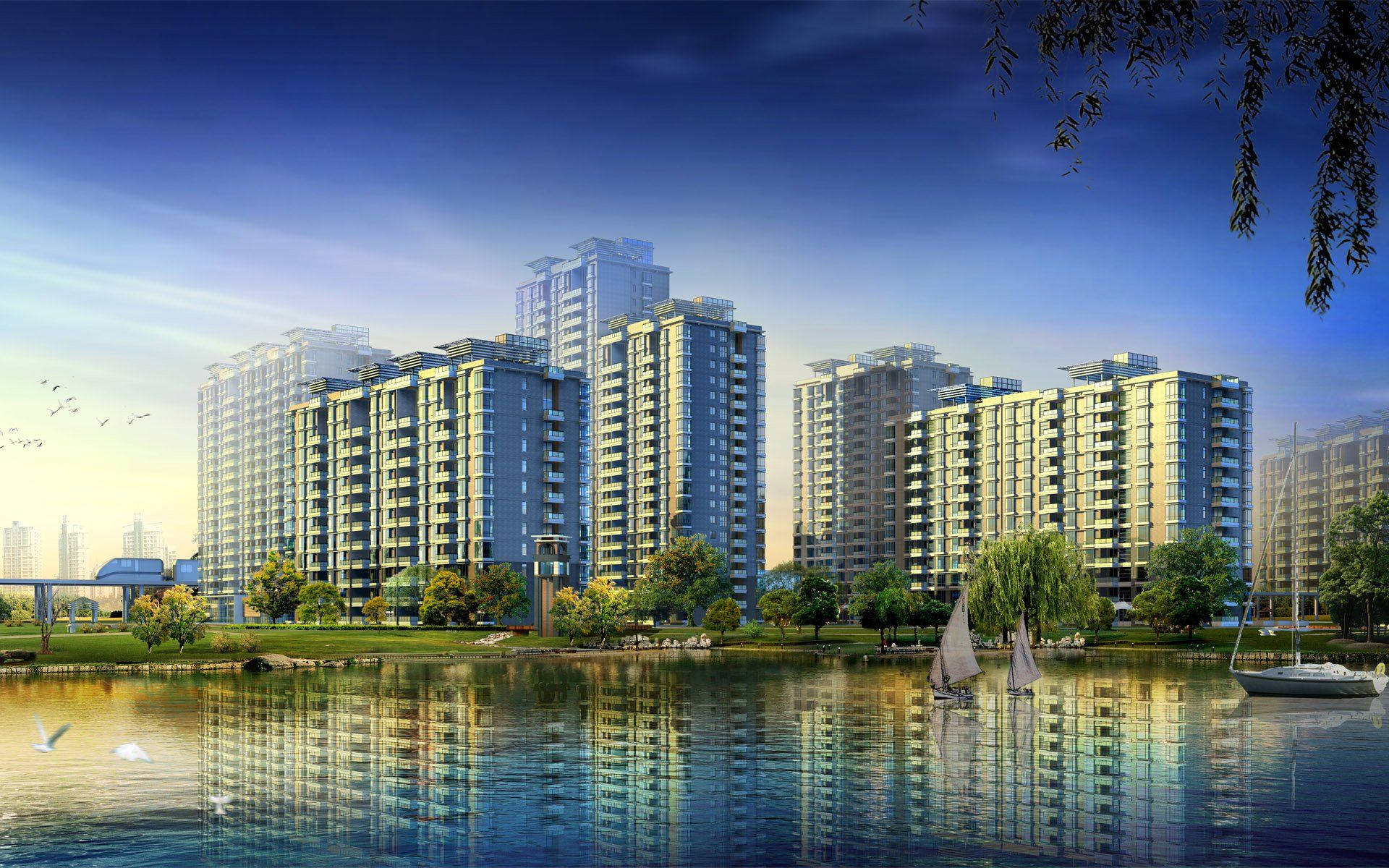 apartment buildings, calm water, sailboats, Full HD Desktop Wallpaper