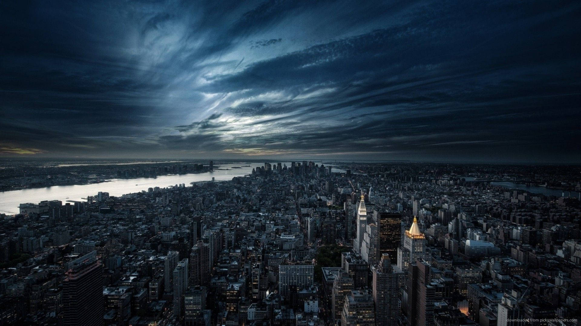 dark stormy cityscape, aerial view, dramatic stormy sky, Full HD Desktop Wallpaper