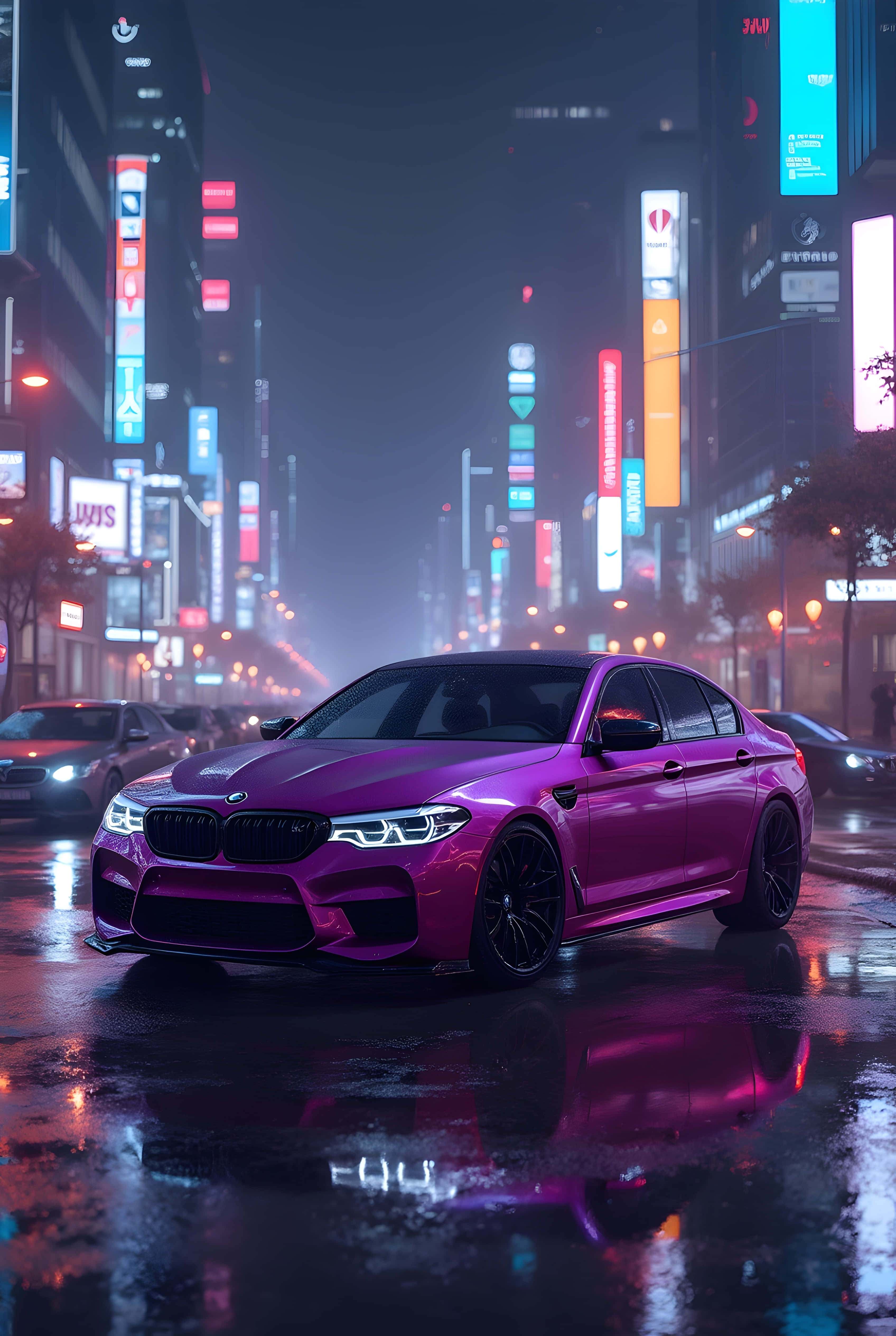 neon night drive, glossy purple BMW M5 sedan, rain soaked city street, 4K Phone Wallpaper