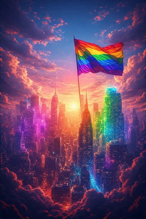rainbow flag, skyscraper, sunset sky, SD Phone Wallpaper