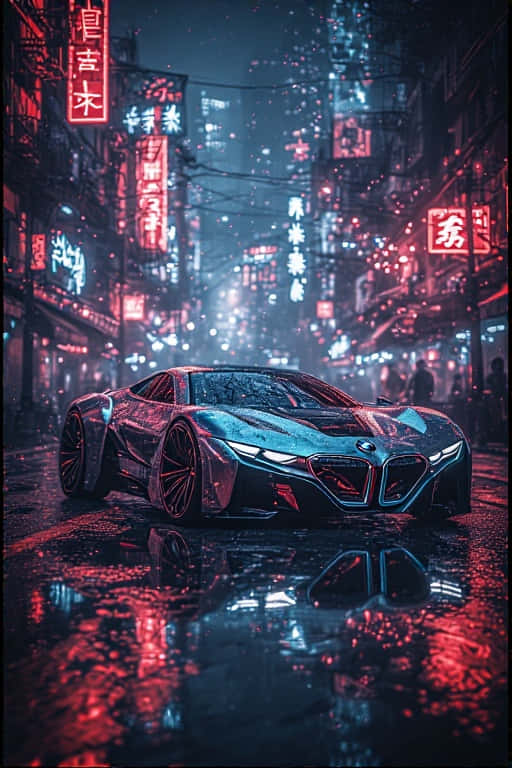 futuristic BMW concept car, neon lit cyberpunk street, rain soaked, SD Phone Wallpaper