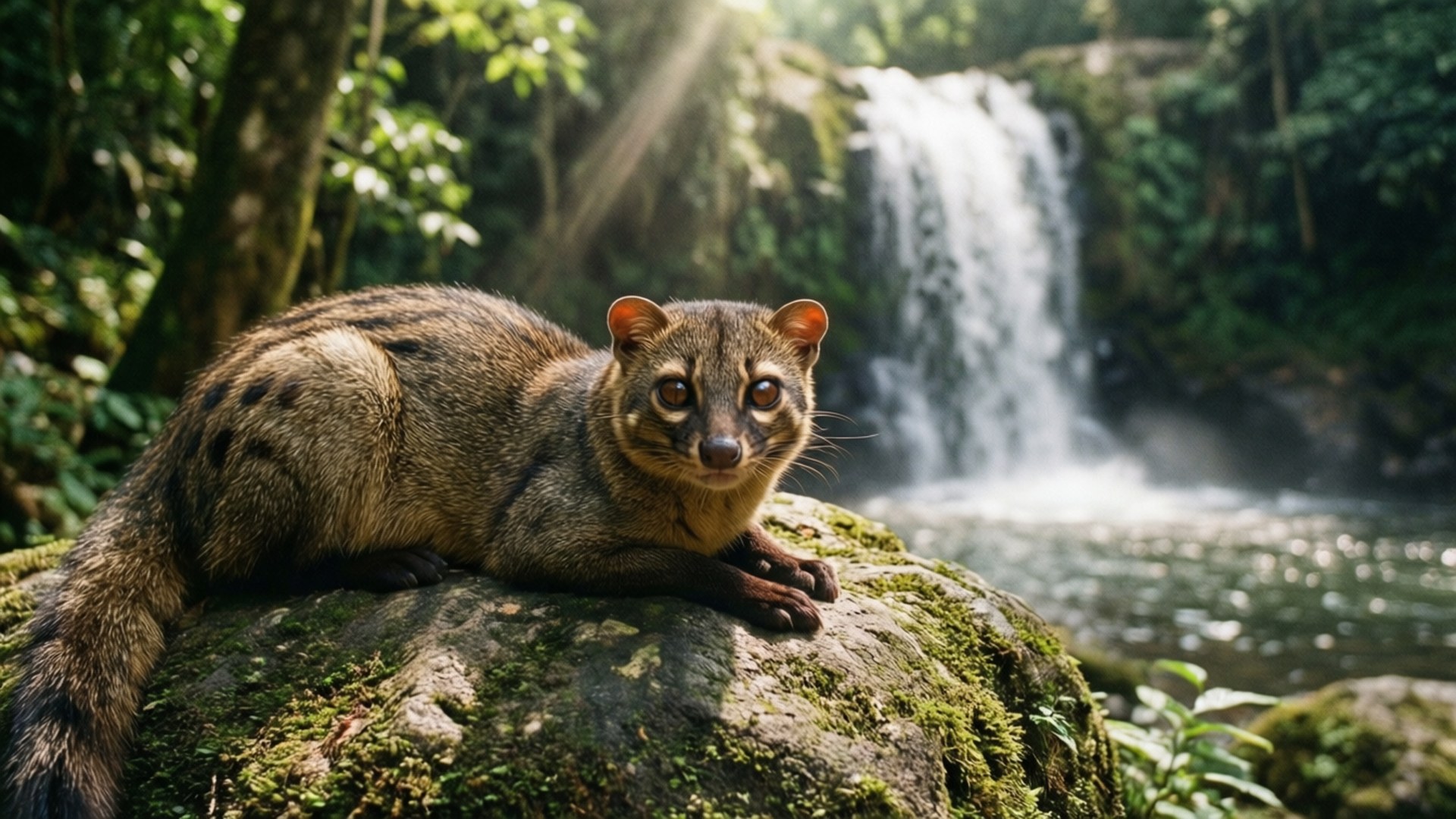 Civet, Waterfall, jungle, Full HD Desktop Wallpaper