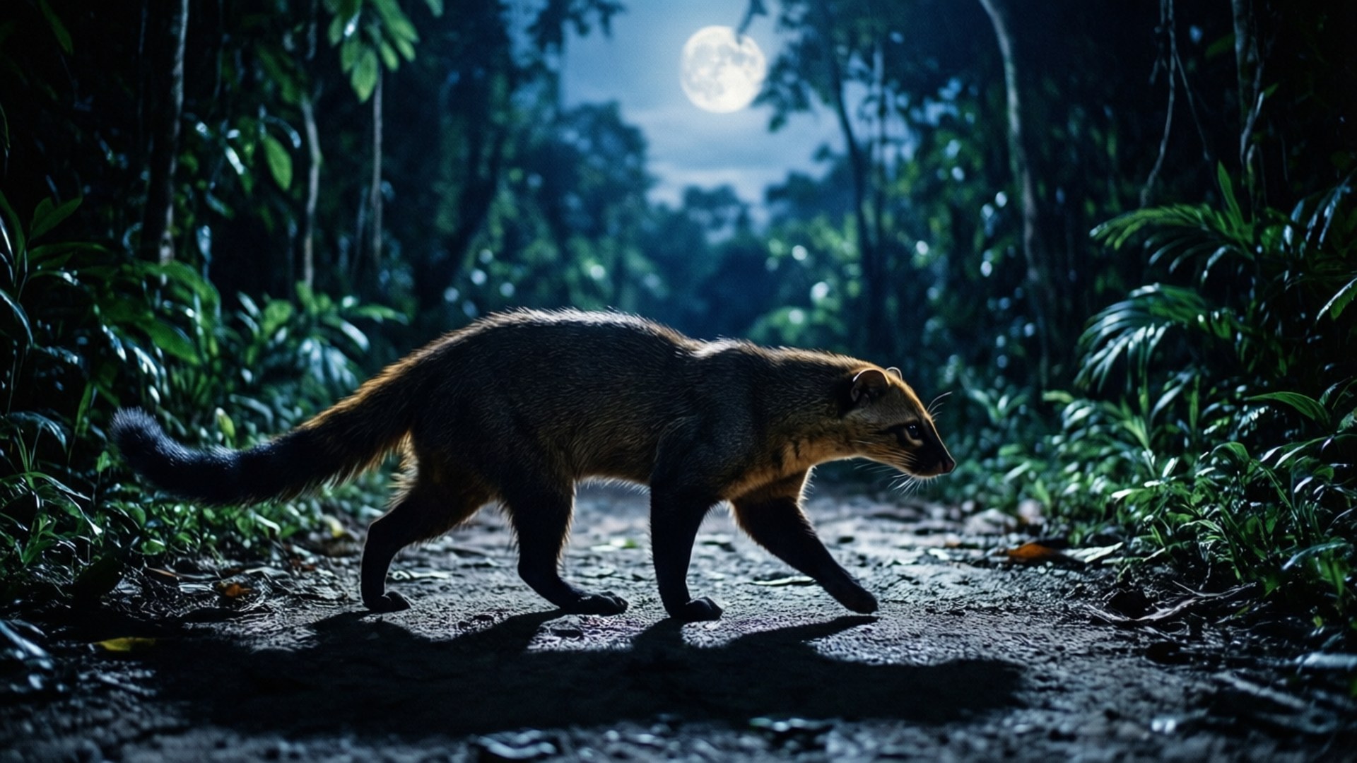 Civet, Moonlit, Jungle path, Full HD Desktop Wallpaper