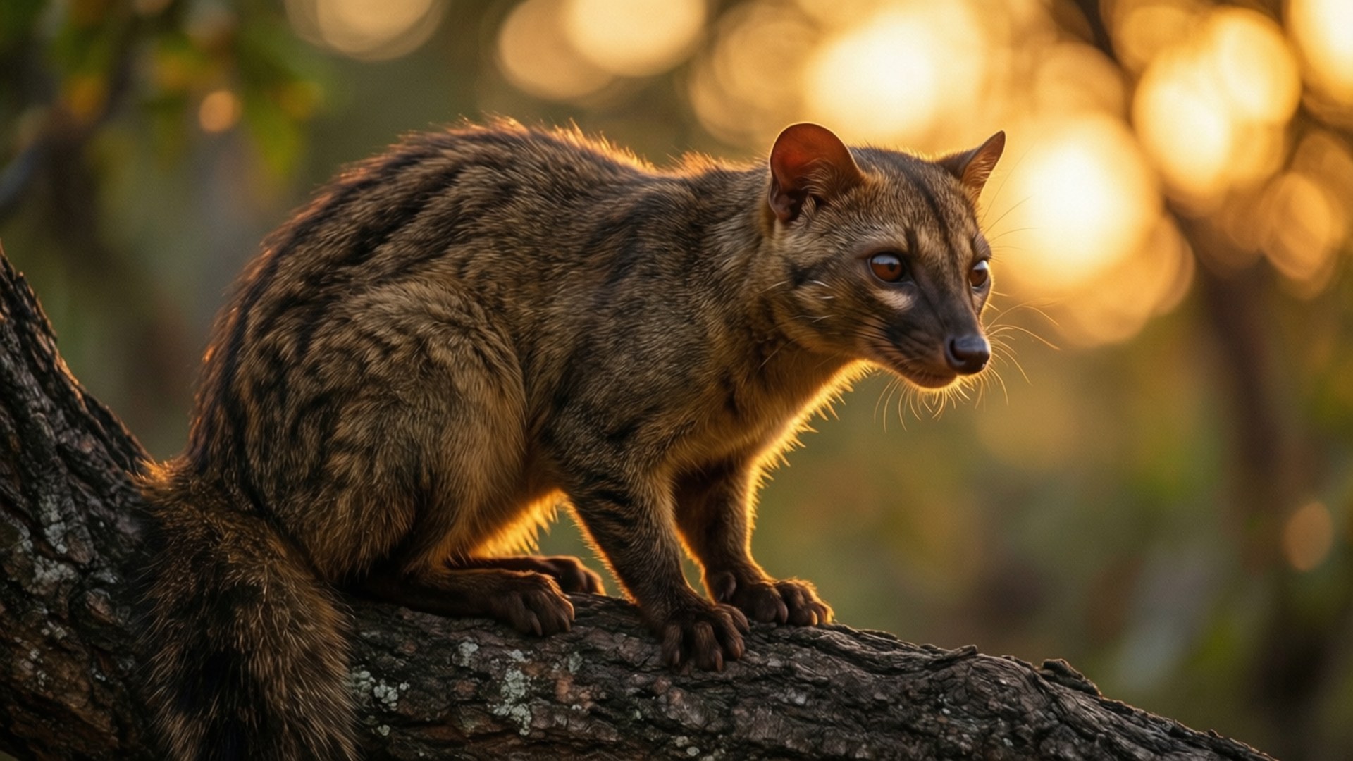 Civet, golden hour, sunlit tree branch, Full HD Desktop Wallpaper