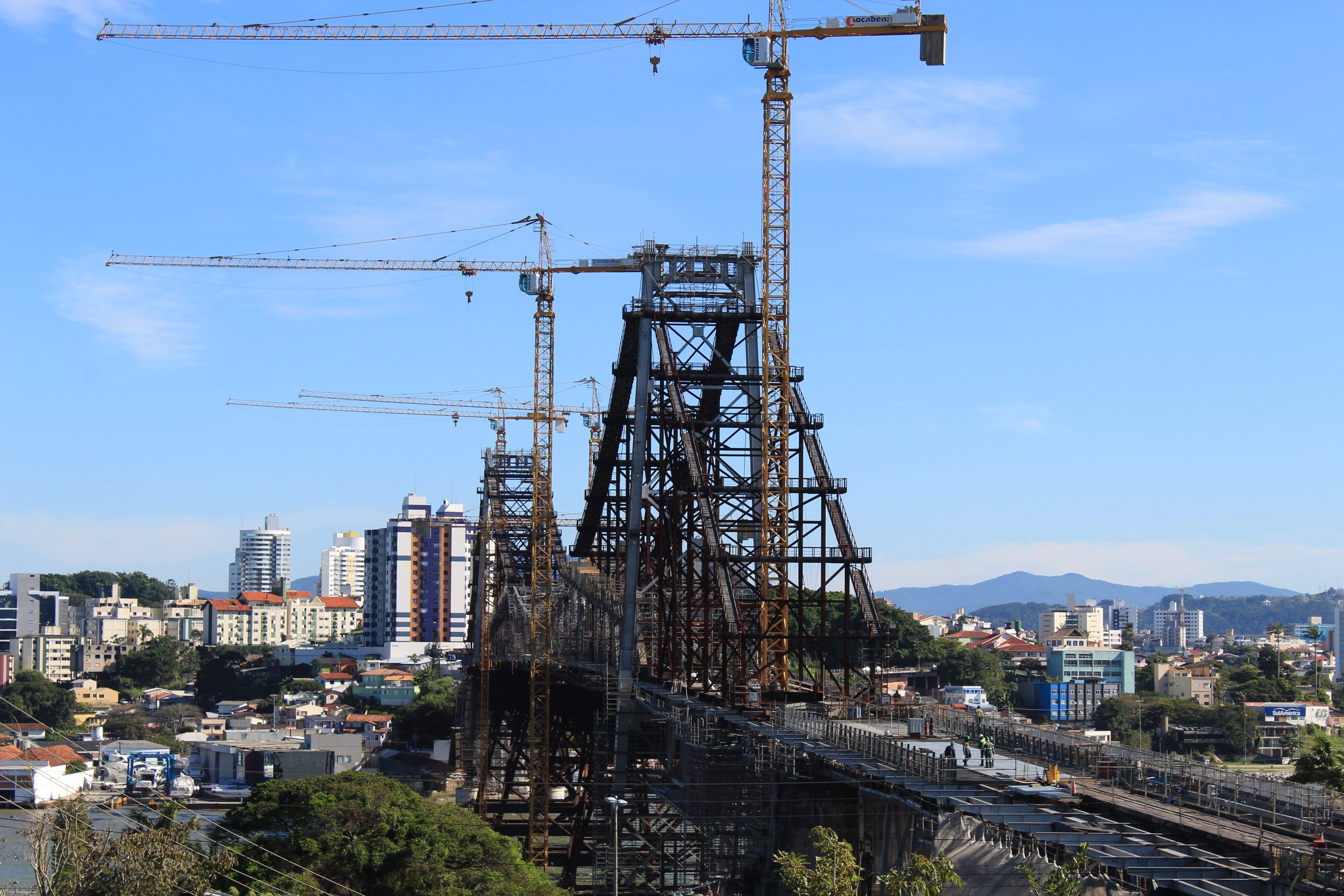 steel bridge, cranes, modern buildings, 5K Desktop Wallpaper