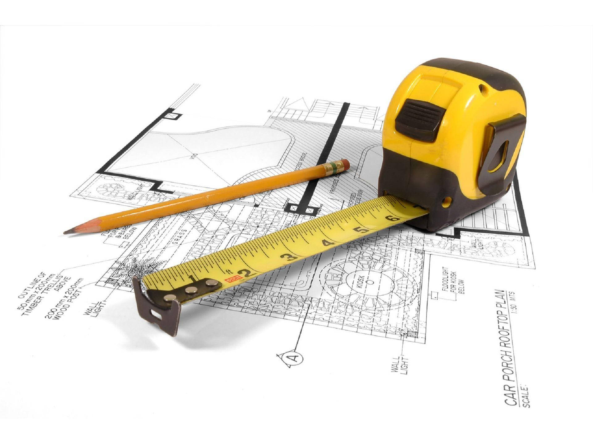 yellow tape measure, pencil, architectural blueprint, Full HD Desktop Wallpaper
