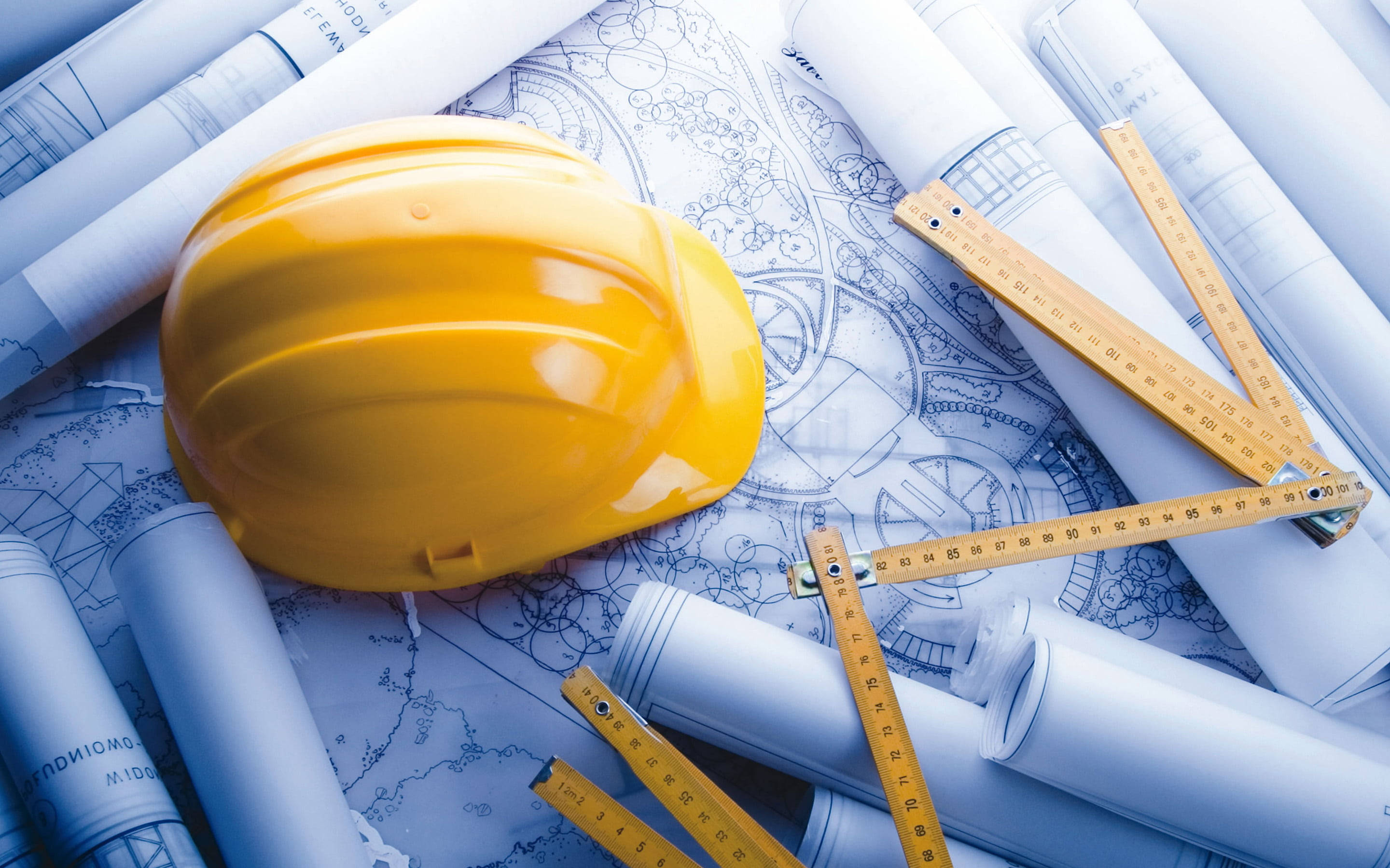 bright yellow hard hat, blueprints, wooden rulers, 2K Desktop Wallpaper
