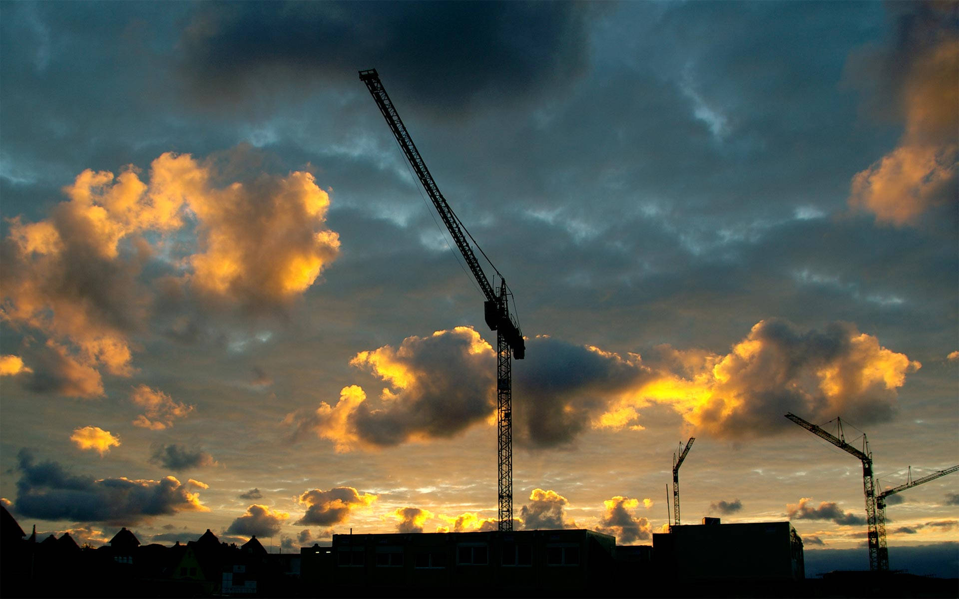 tower crane, sunset, golden clouds, Full HD Desktop Wallpaper