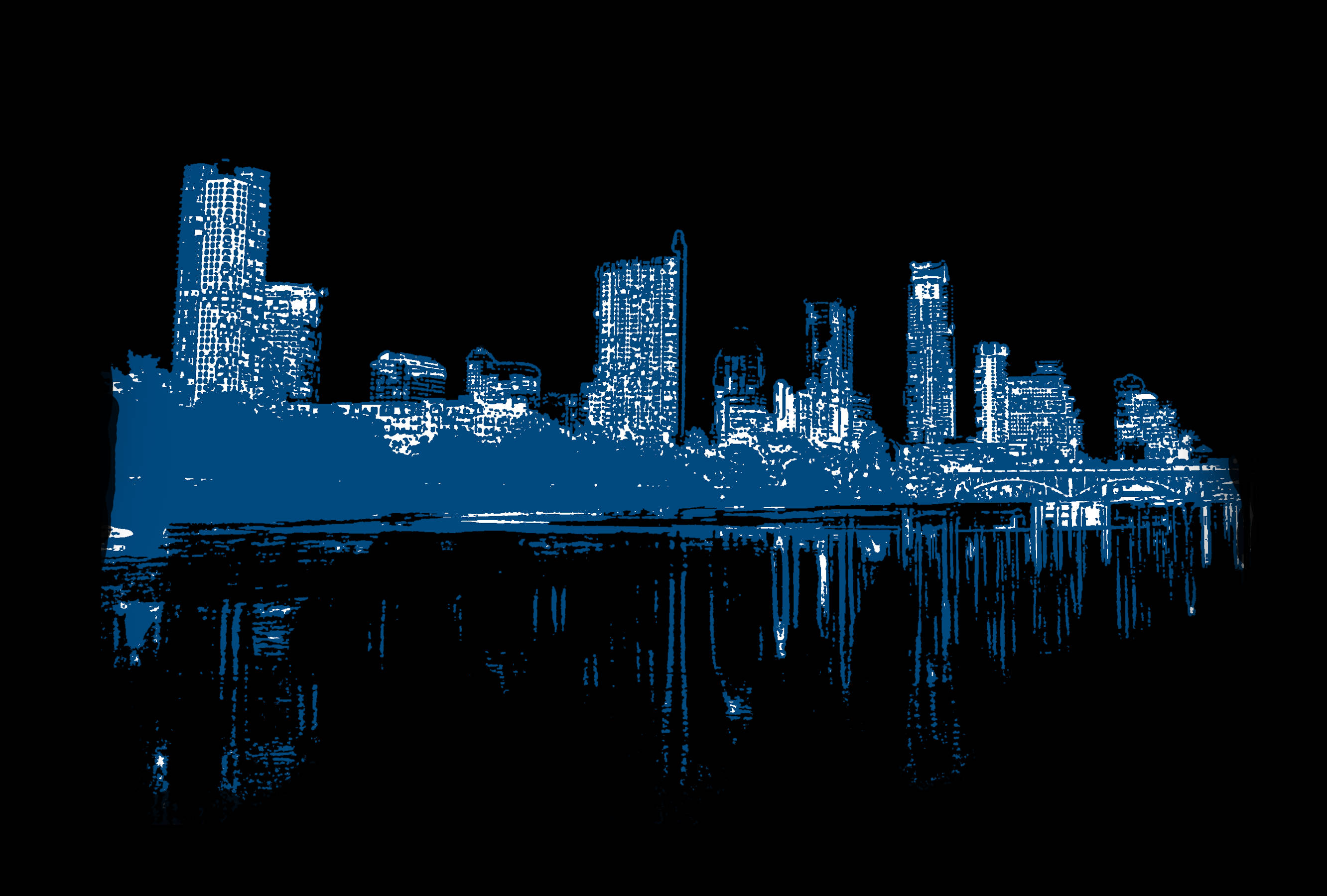 blue neon city skyline, night, dark water, 2K Desktop Wallpaper