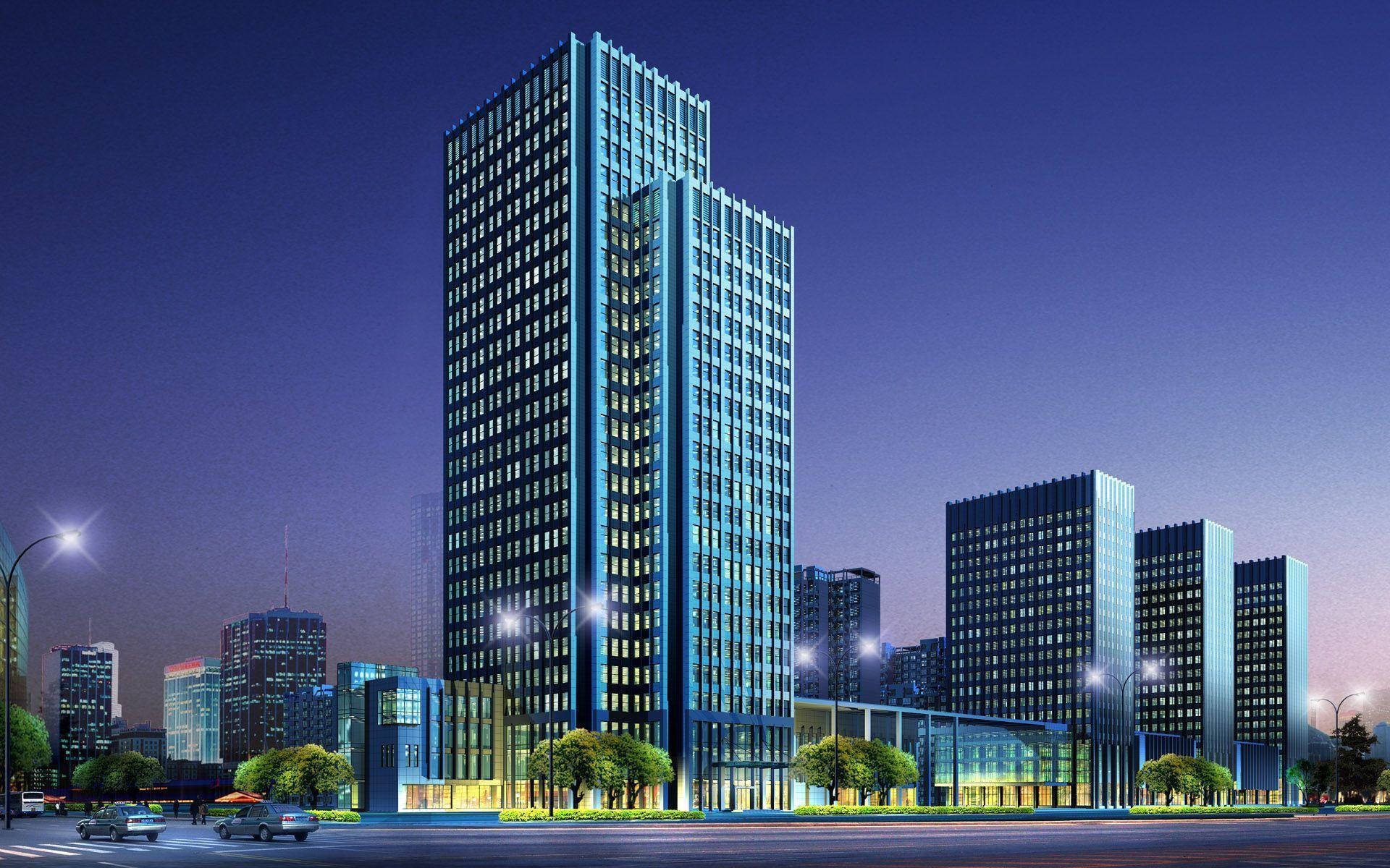 glass skyscraper, modern cityscape, glowing windows, Full HD Desktop Wallpaper