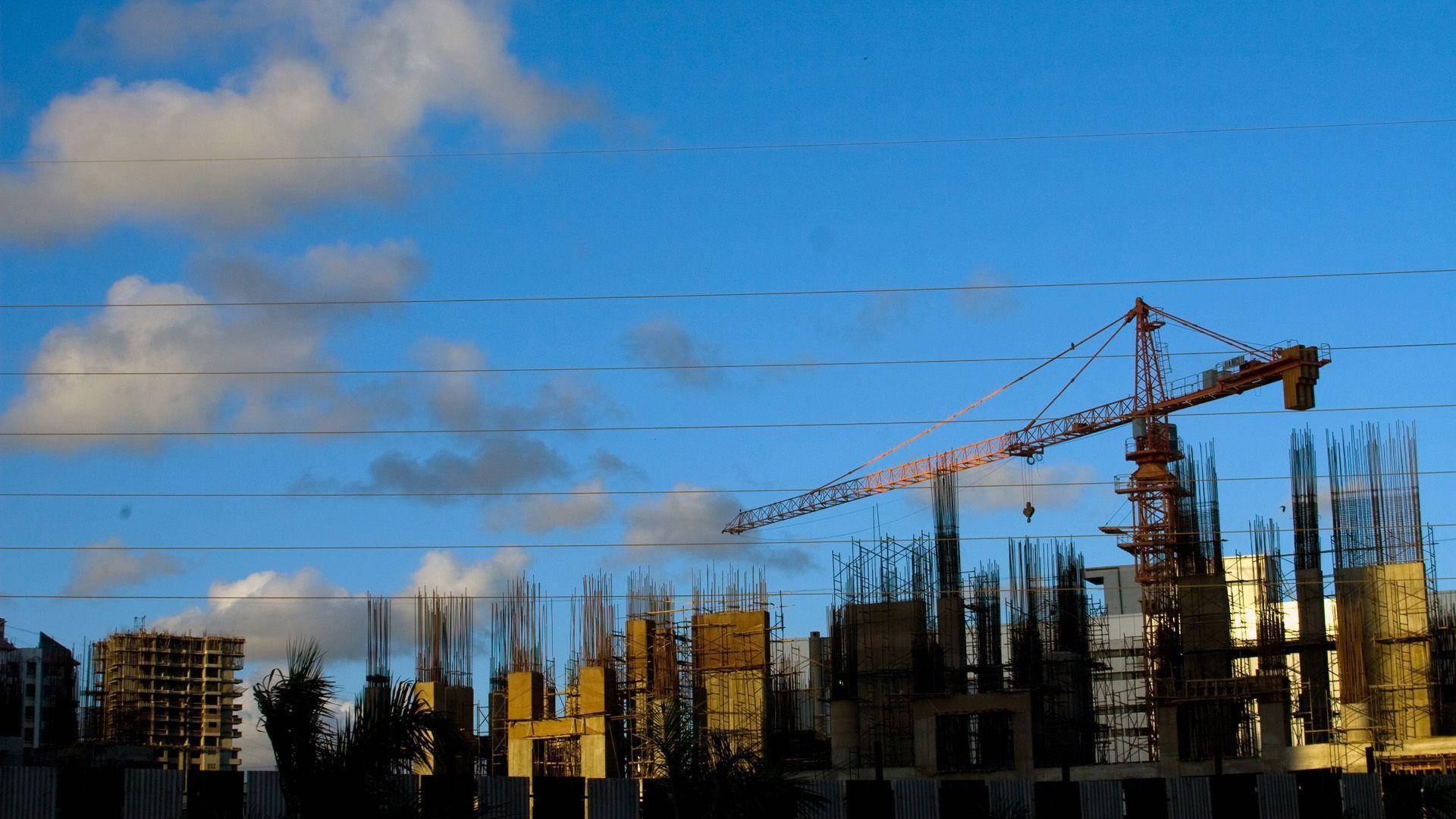 orange crane, construction site, vibrant blue sky, Full HD Desktop Wallpaper