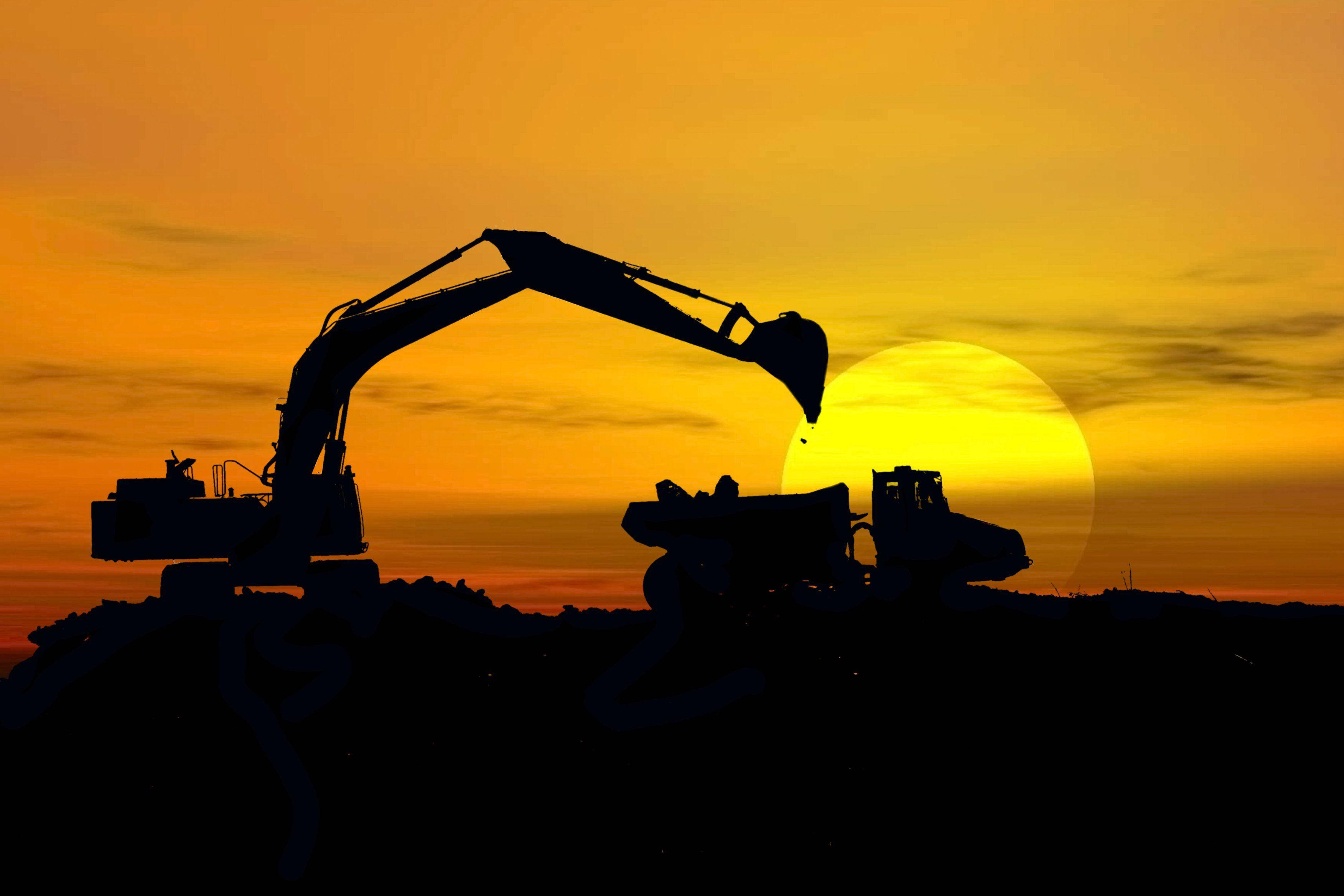 excavator, dump truck, fiery orange sunset sky, 2K Desktop Wallpaper