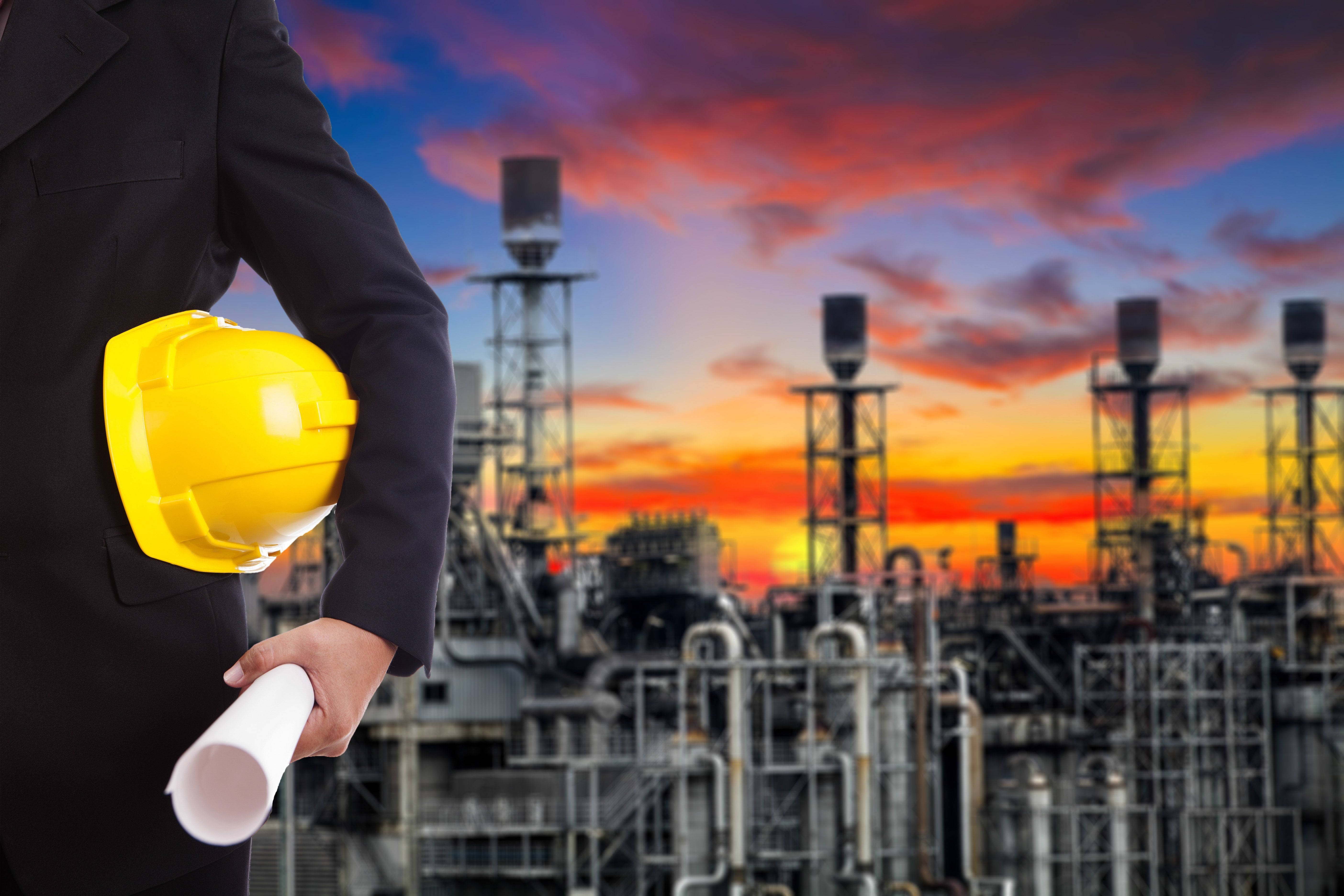 yellow hard hat, blueprints, industrial refinery, 5K Desktop Wallpaper