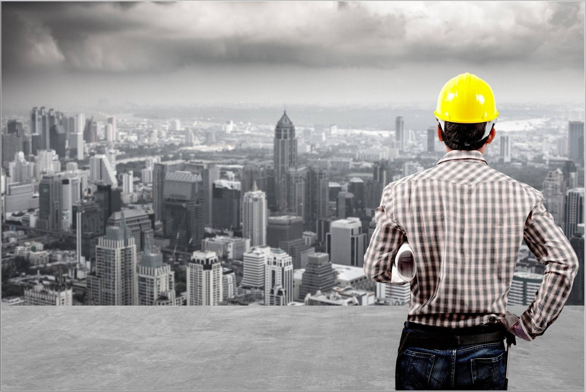 yellow hard hat, monochrome cityscape, cloudy sky, Full HD Desktop Wallpaper